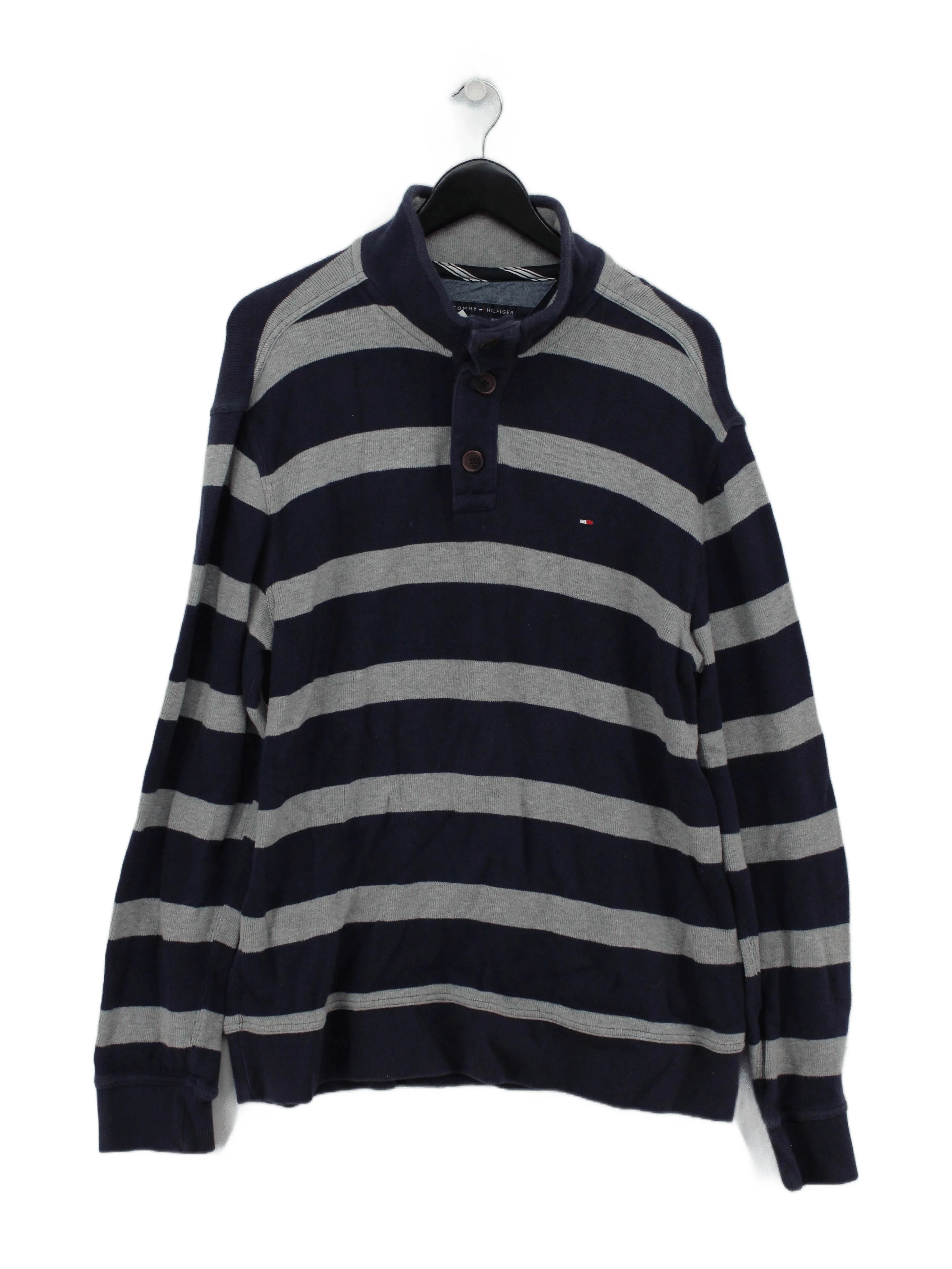 Tommy Hilfiger Men's Jumper XL Blue Striped 100% Cotton Collared Pullover