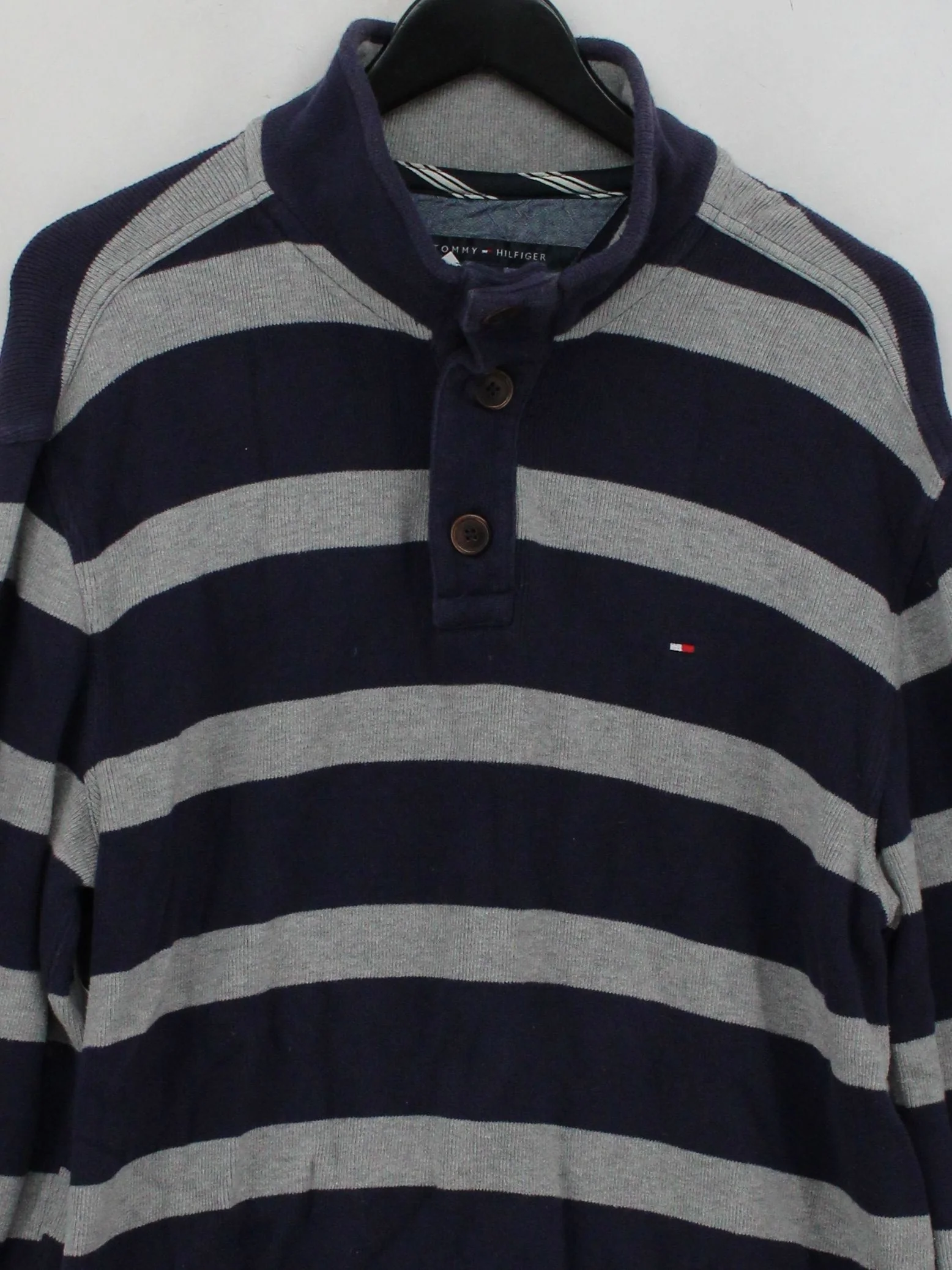 Tommy Hilfiger Men's Jumper XL Blue Striped 100% Cotton Collared Pullover - Image 3