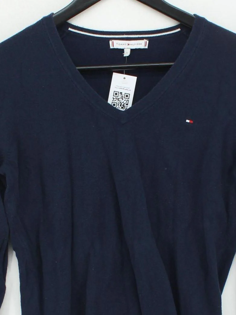 Tommy Hilfiger Women's Jumper M Blue Cotton with Nylon V-Neck Pullover - Image 3
