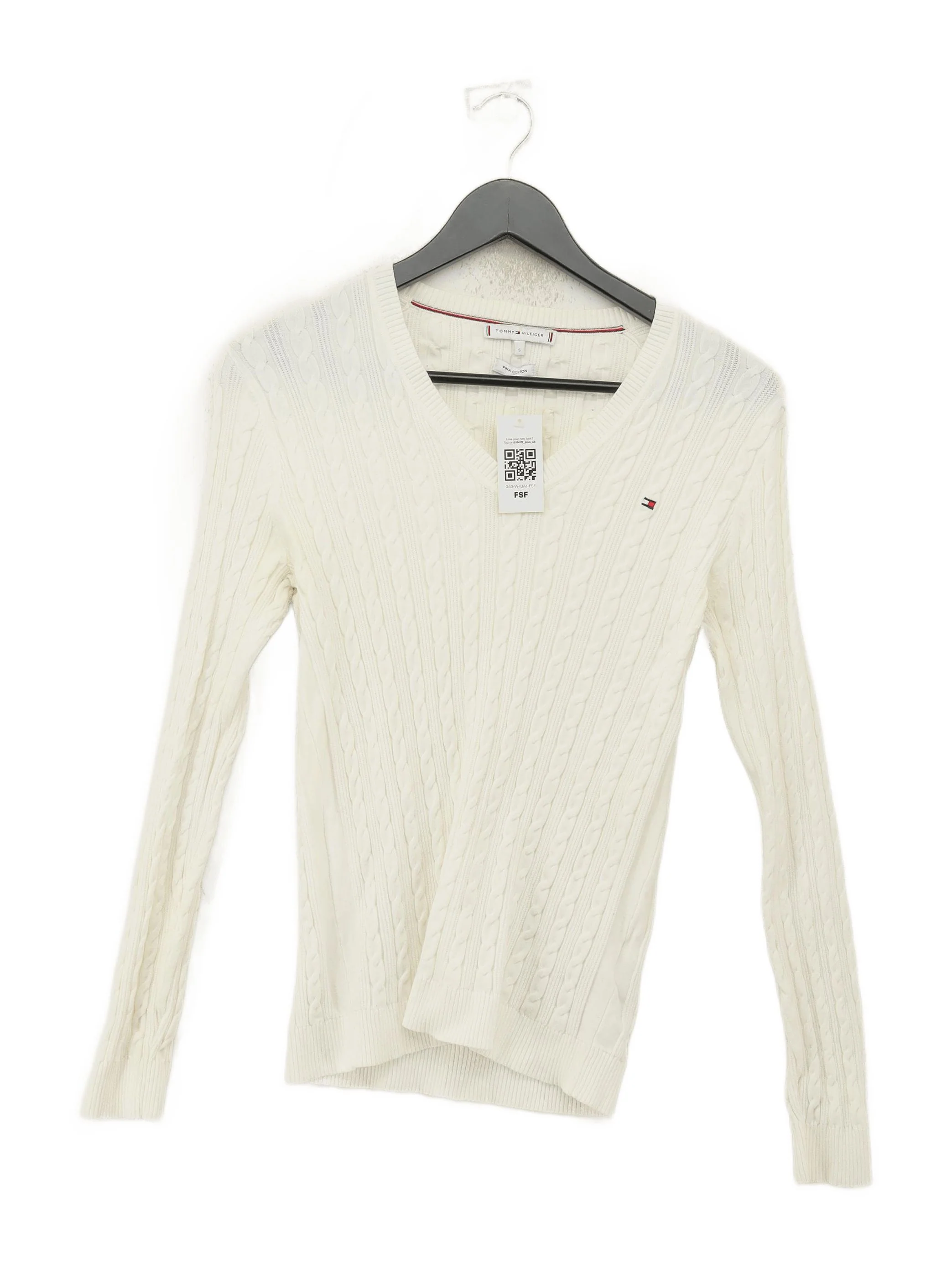 Tommy Hilfiger Women's Jumper S Cream 100% Cotton V-Neck Pullover
