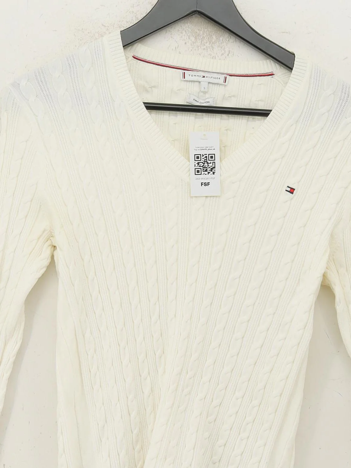 Tommy Hilfiger Women's Jumper S Cream 100% Cotton V-Neck Pullover - Image 3