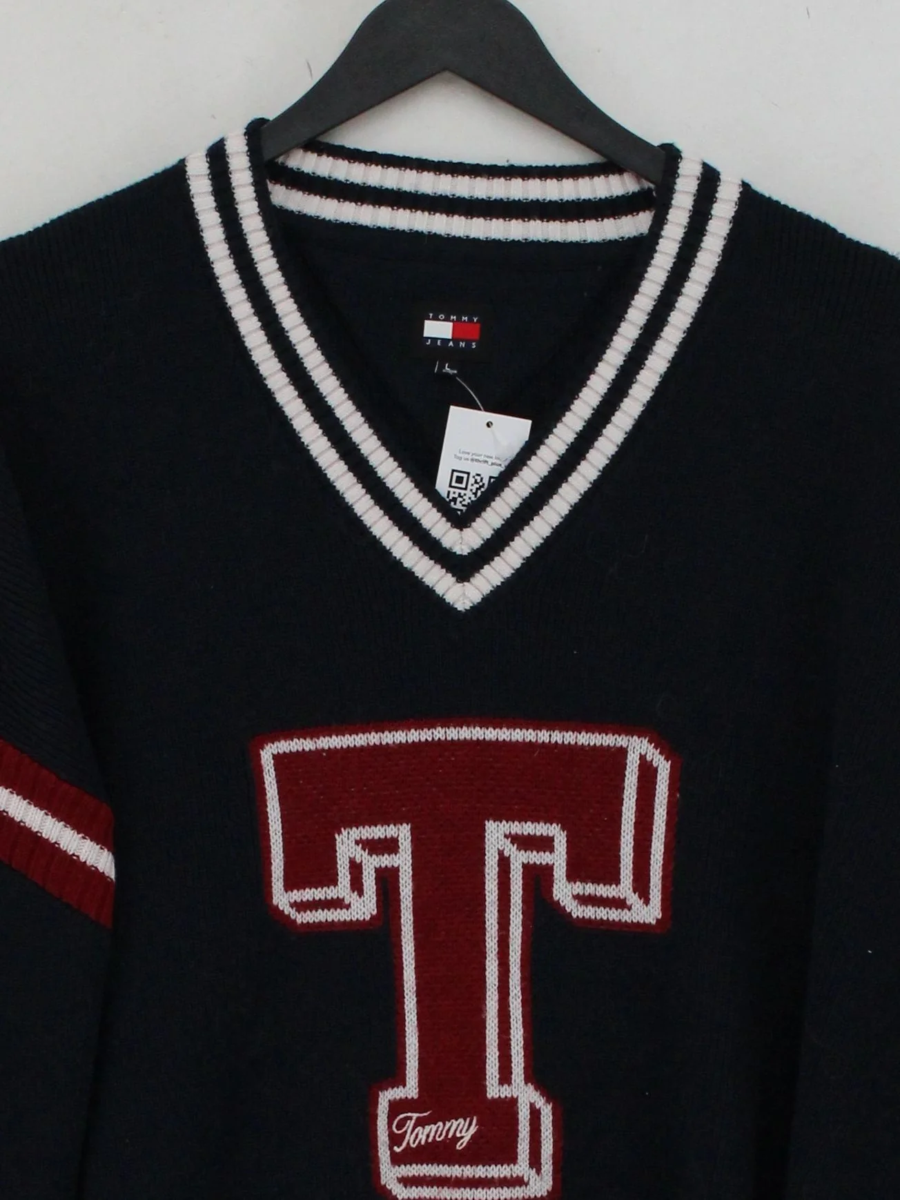 Tommy Jeans Men's Jumper L Blue Striped Acrylic with Polyester V-Neck Pullover - Image 3