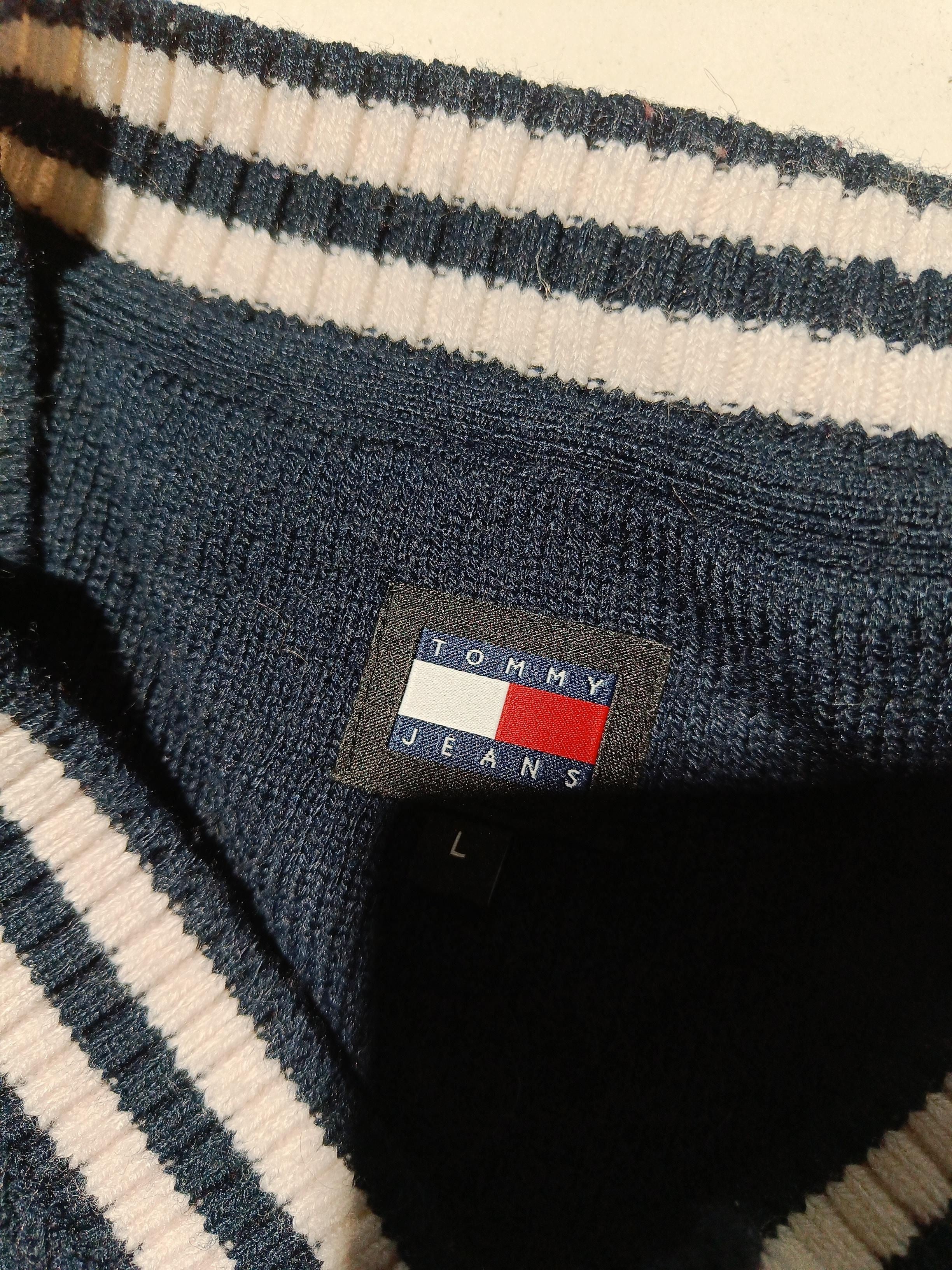 Tommy Jeans Men's Jumper L Blue Striped Acrylic with Polyester V-Neck Pullover - Image 5