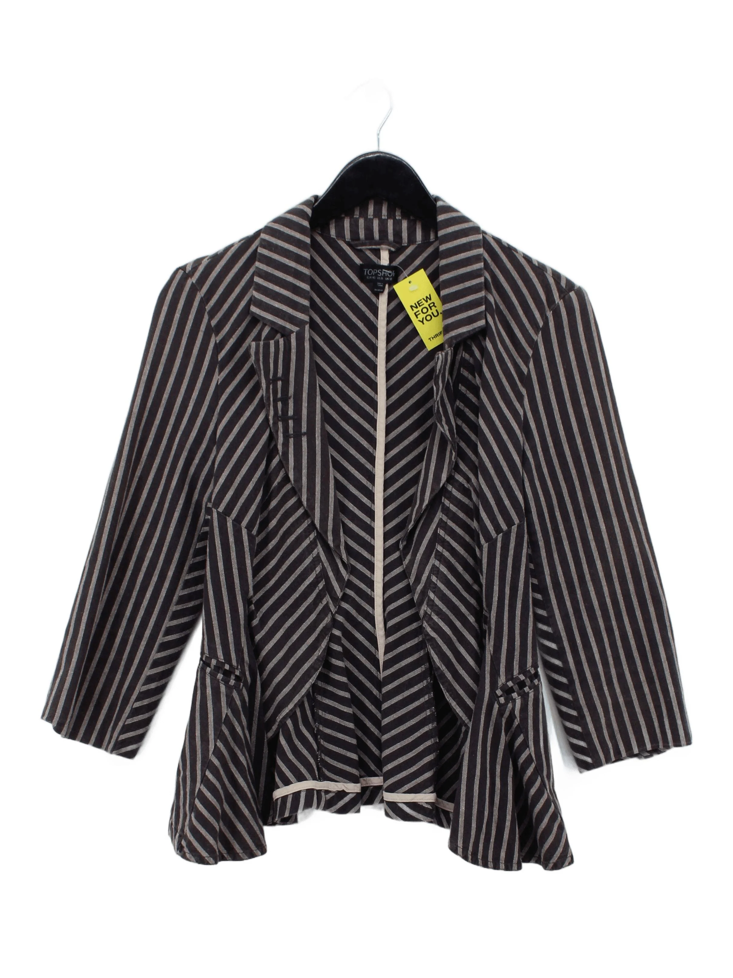 Topshop Women's Blazer UK 12 Grey Striped Cotton with Linen, Polyester Overcoat