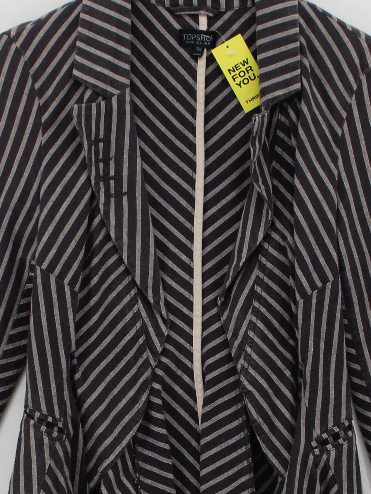 Topshop Women's Blazer UK 12 Grey Striped Cotton with Linen, Polyester Overcoat - Image 3