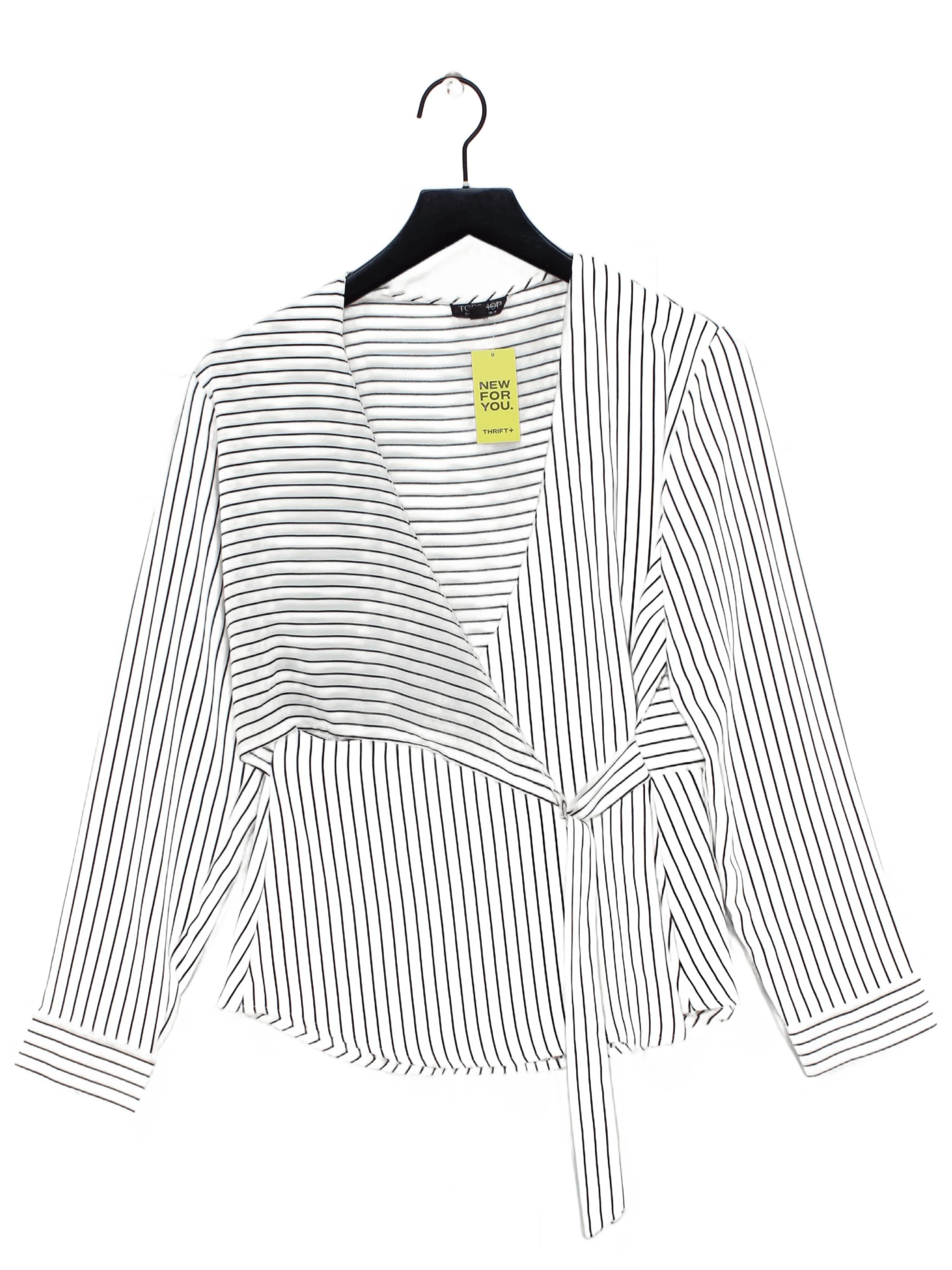 Topshop Women's Blouse L White Striped 100% Other Long Sleeve V-Neck Basic