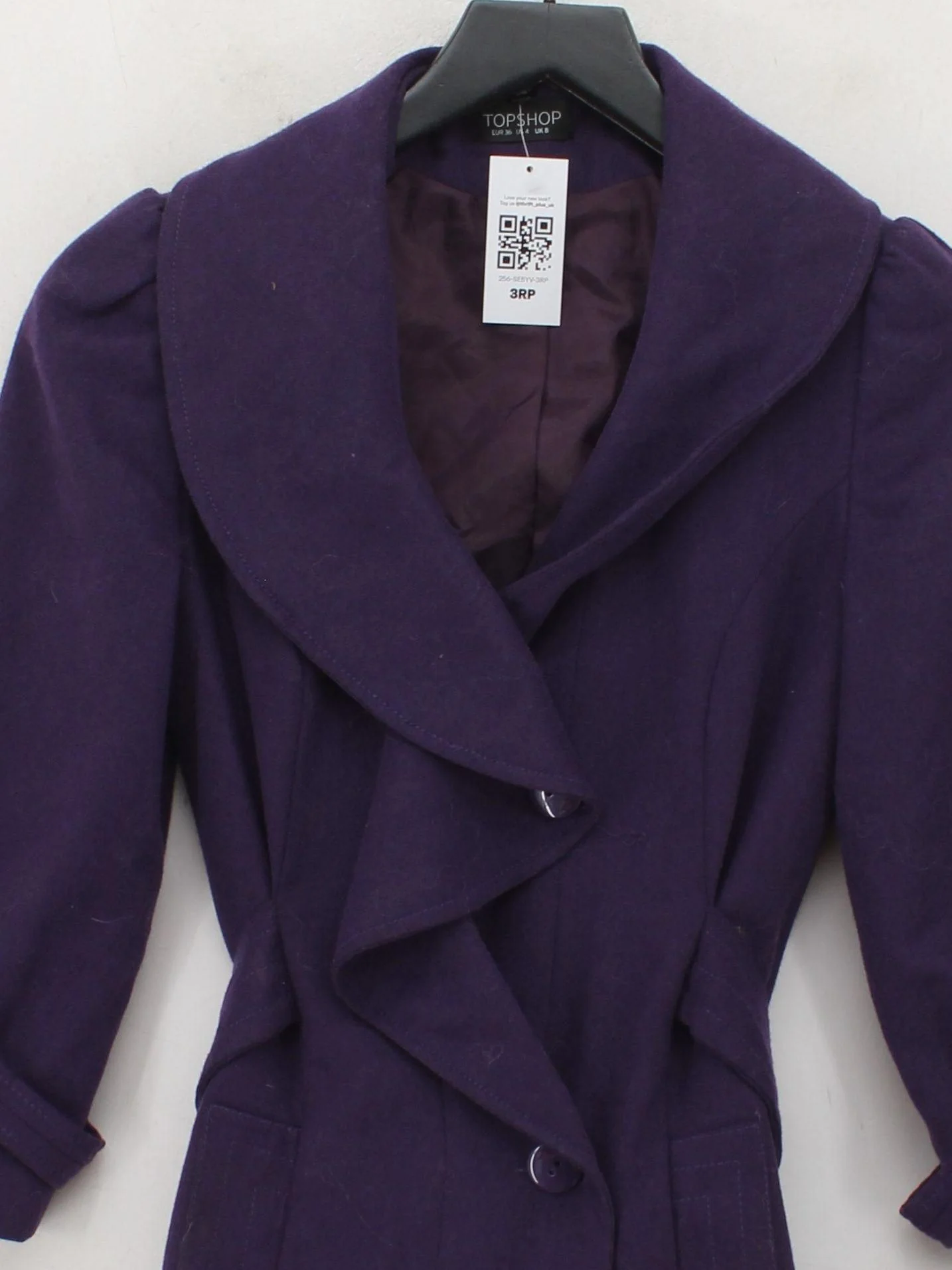 Topshop Women's Coat UK 8 Purple Wool with Polyester Overcoat - Image 3