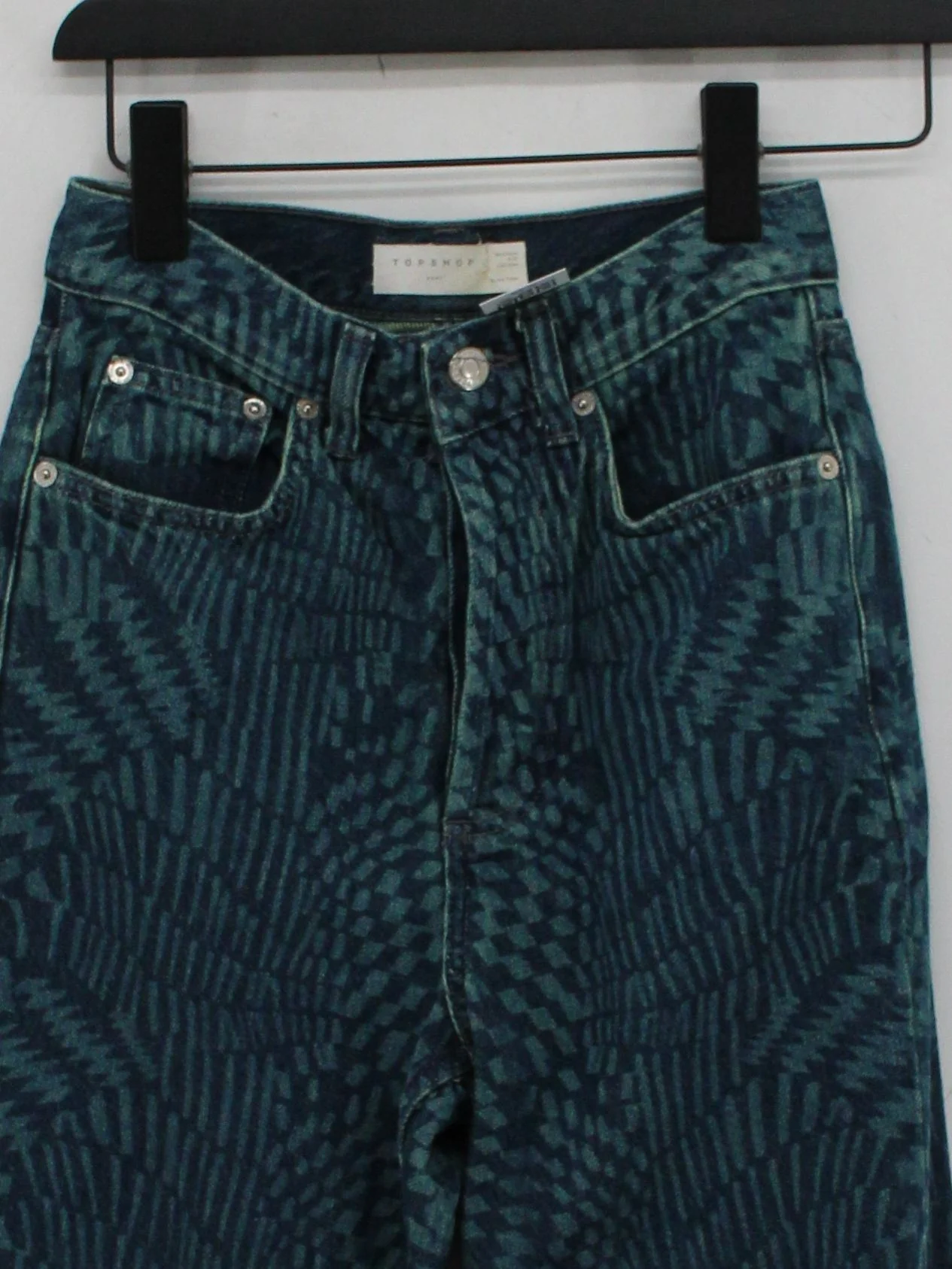 Topshop Women's Jeans UK 4 Blue Geometric Cotton with Polyester, Cotton Straight - Image 2