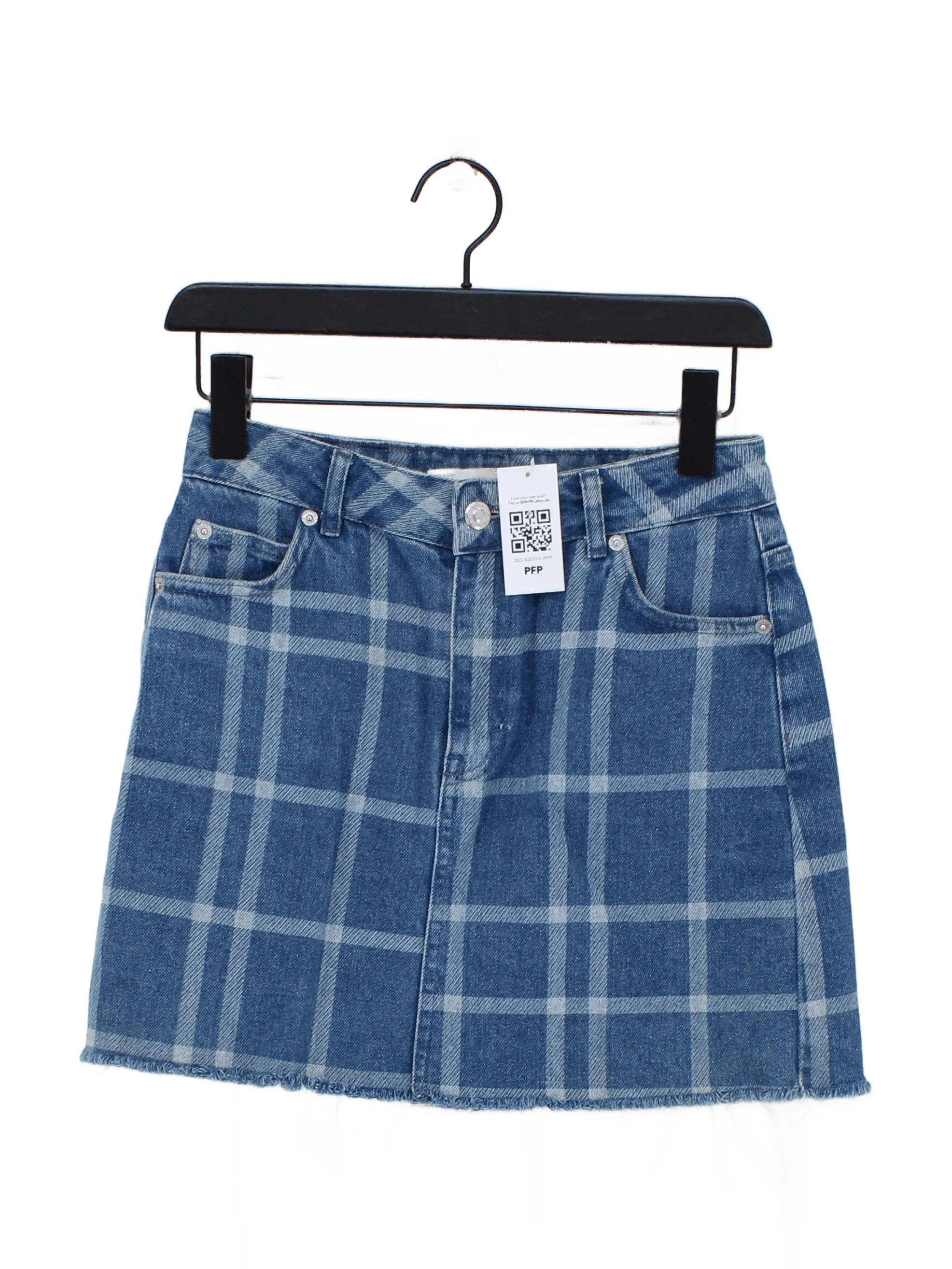 Topshop Women's Mini Skirt UK 8 Blue Checkered 100% Cotton Short Mini