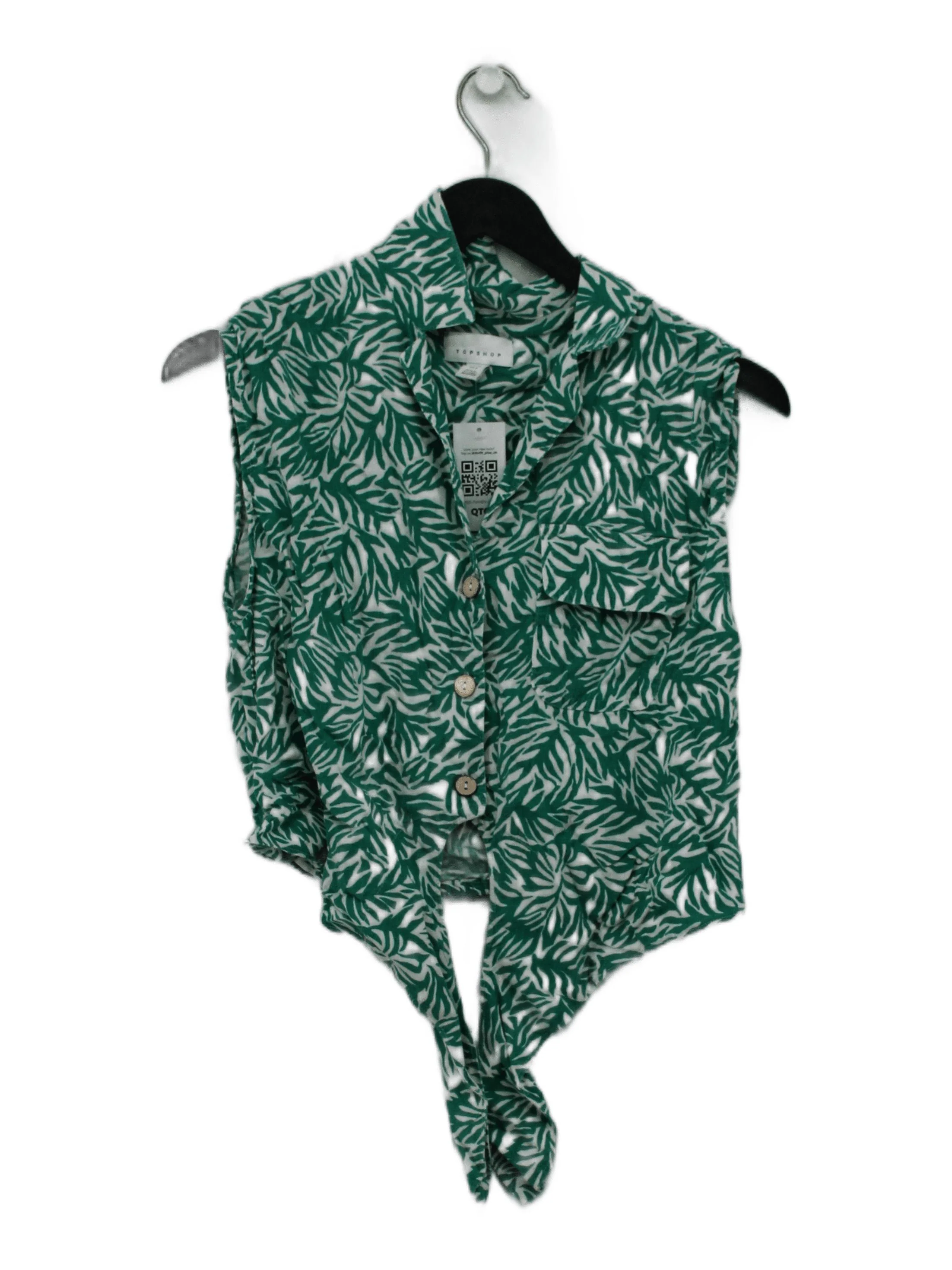 Topshop Women's Shirt UK 8 Green Linen with Viscose Sleeveless Collared Basic
