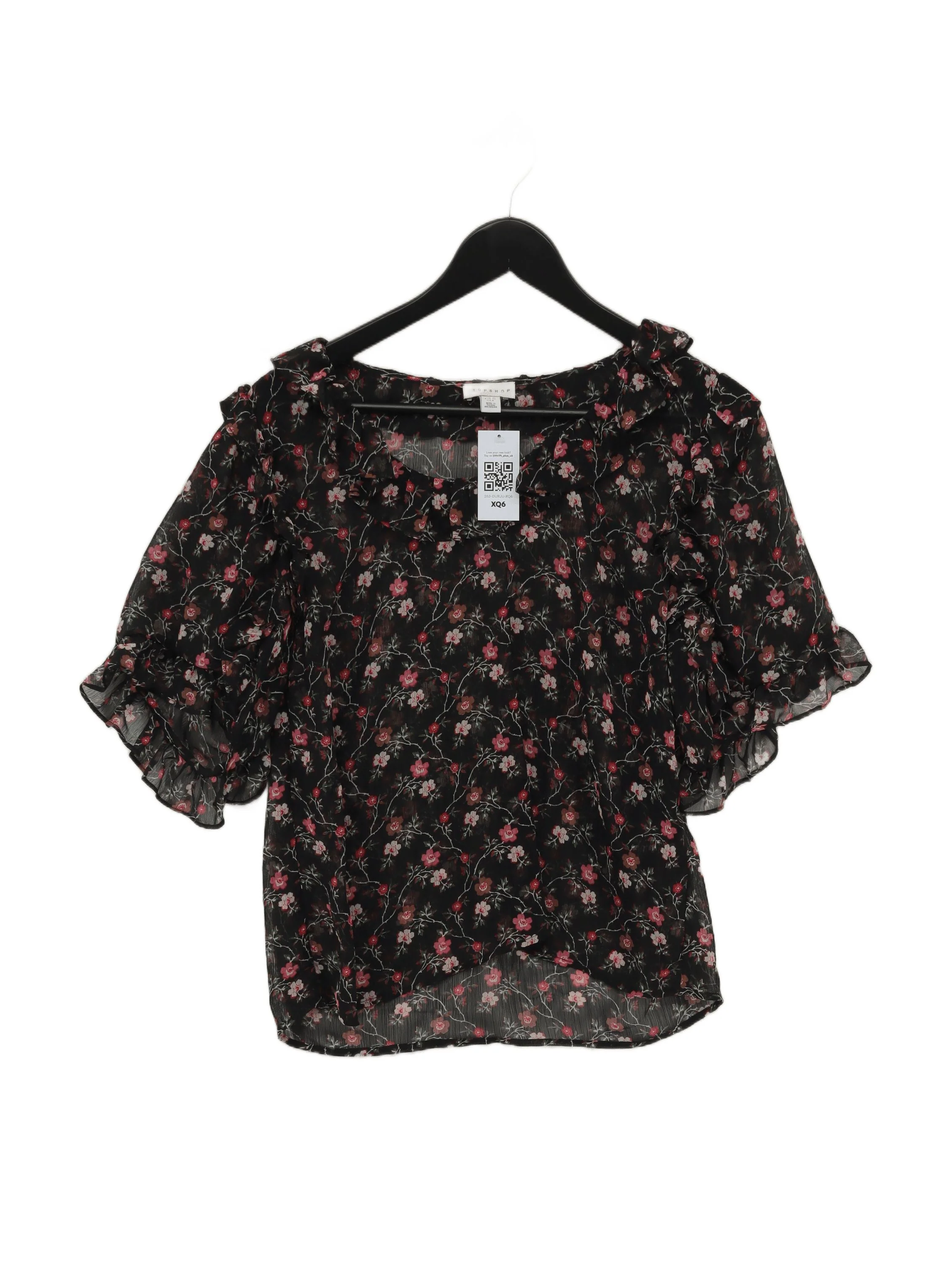Topshop Women's Top M Black Floral 100% Polyester Short Sleeve Round Neck Basic