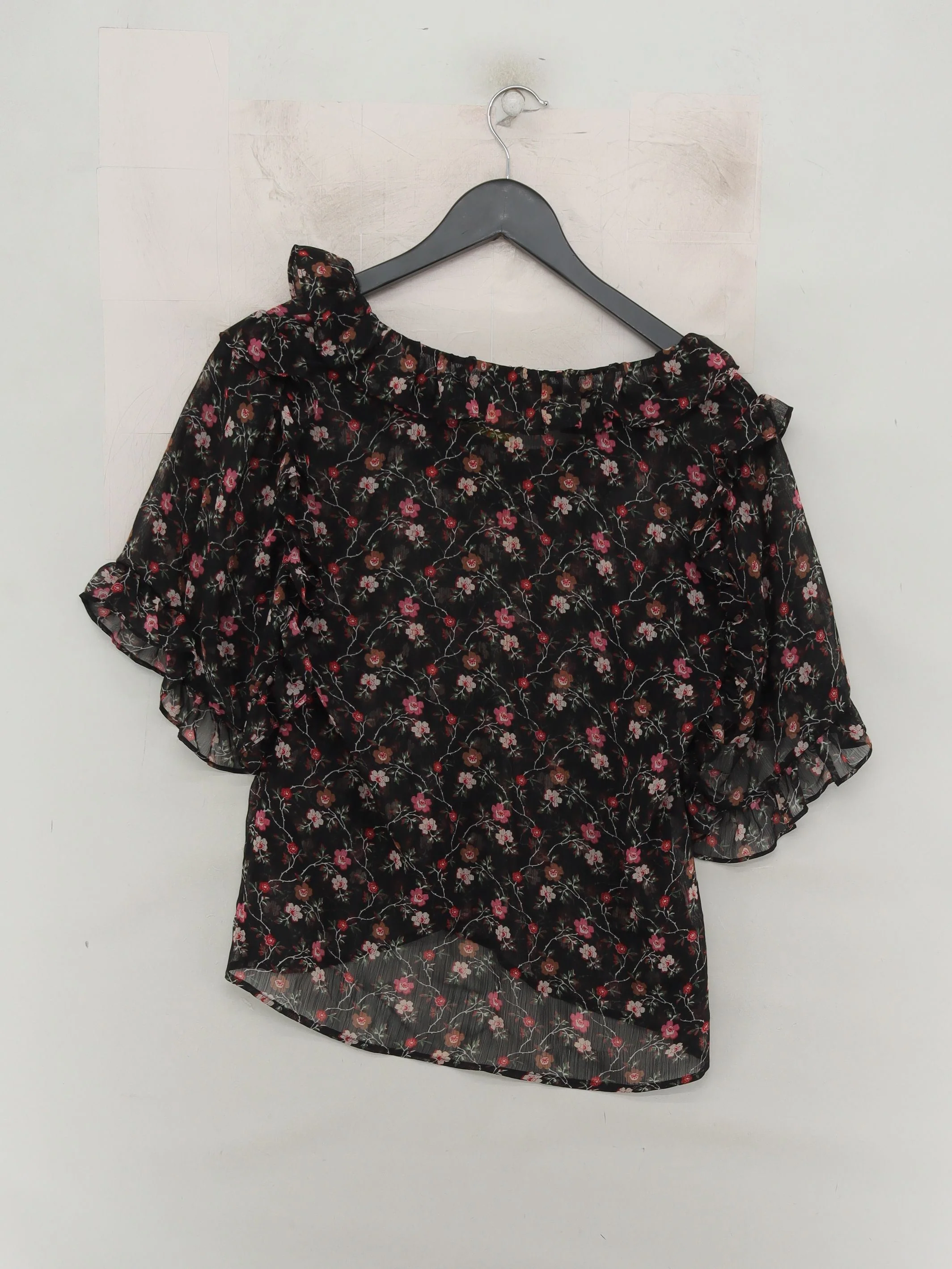 Topshop Women's Top M Black Floral 100% Polyester Short Sleeve Round Neck Basic - Image 2