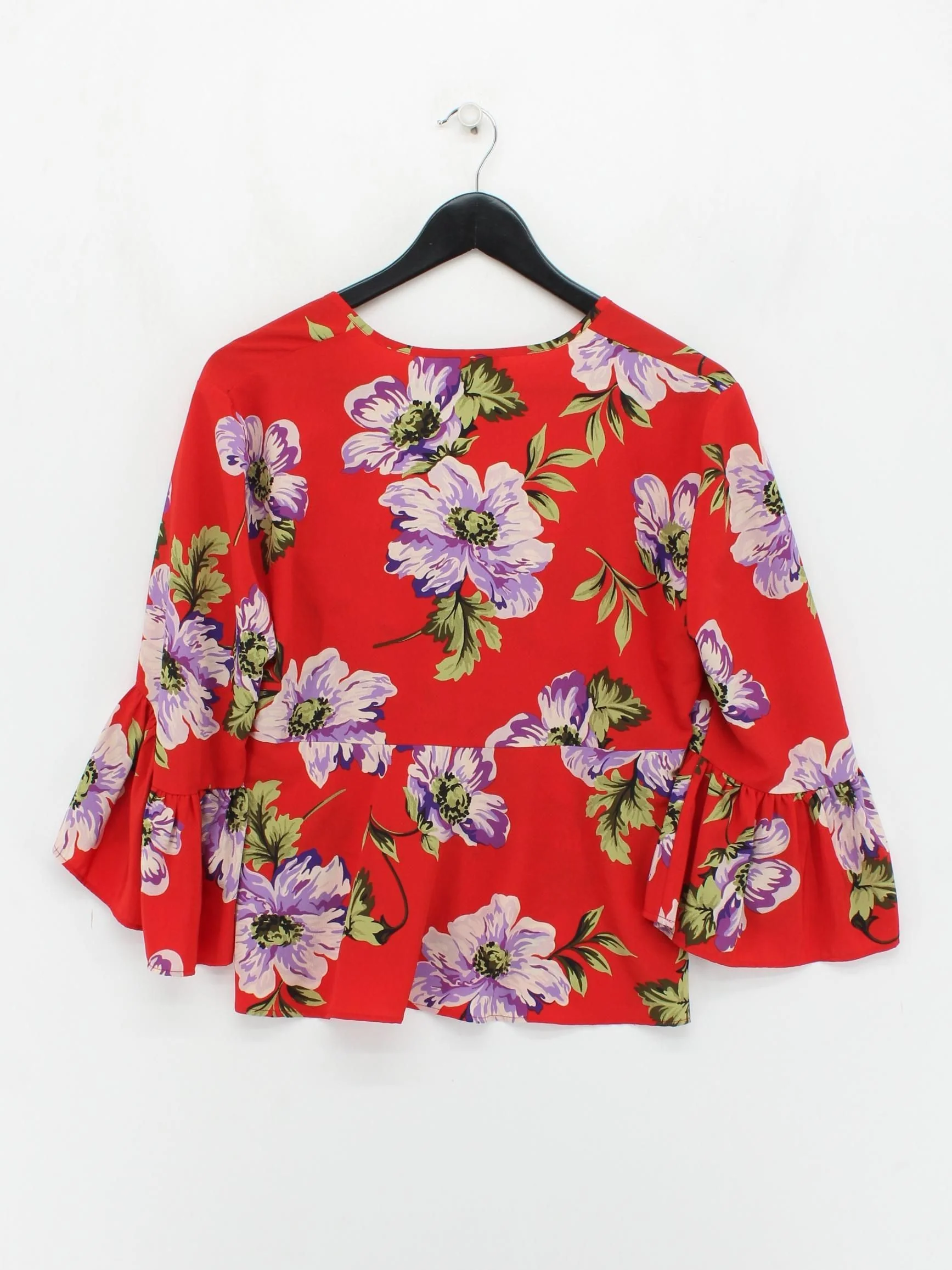 Topshop Women's Top M Red Floral 100% Polyester 3/4 Sleeve V-Neck Basic - Image 2