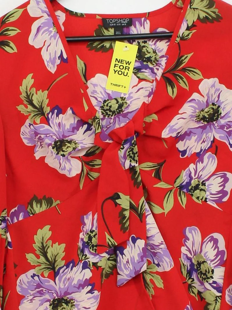 Topshop Women's Top M Red Floral 100% Polyester 3/4 Sleeve V-Neck Basic - Image 3