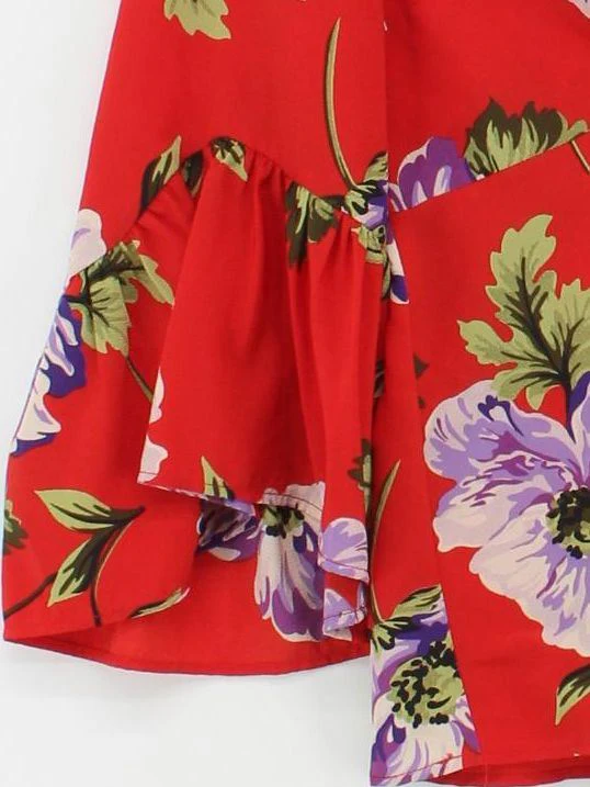Topshop Women's Top M Red Floral 100% Polyester 3/4 Sleeve V-Neck Basic - Image 4