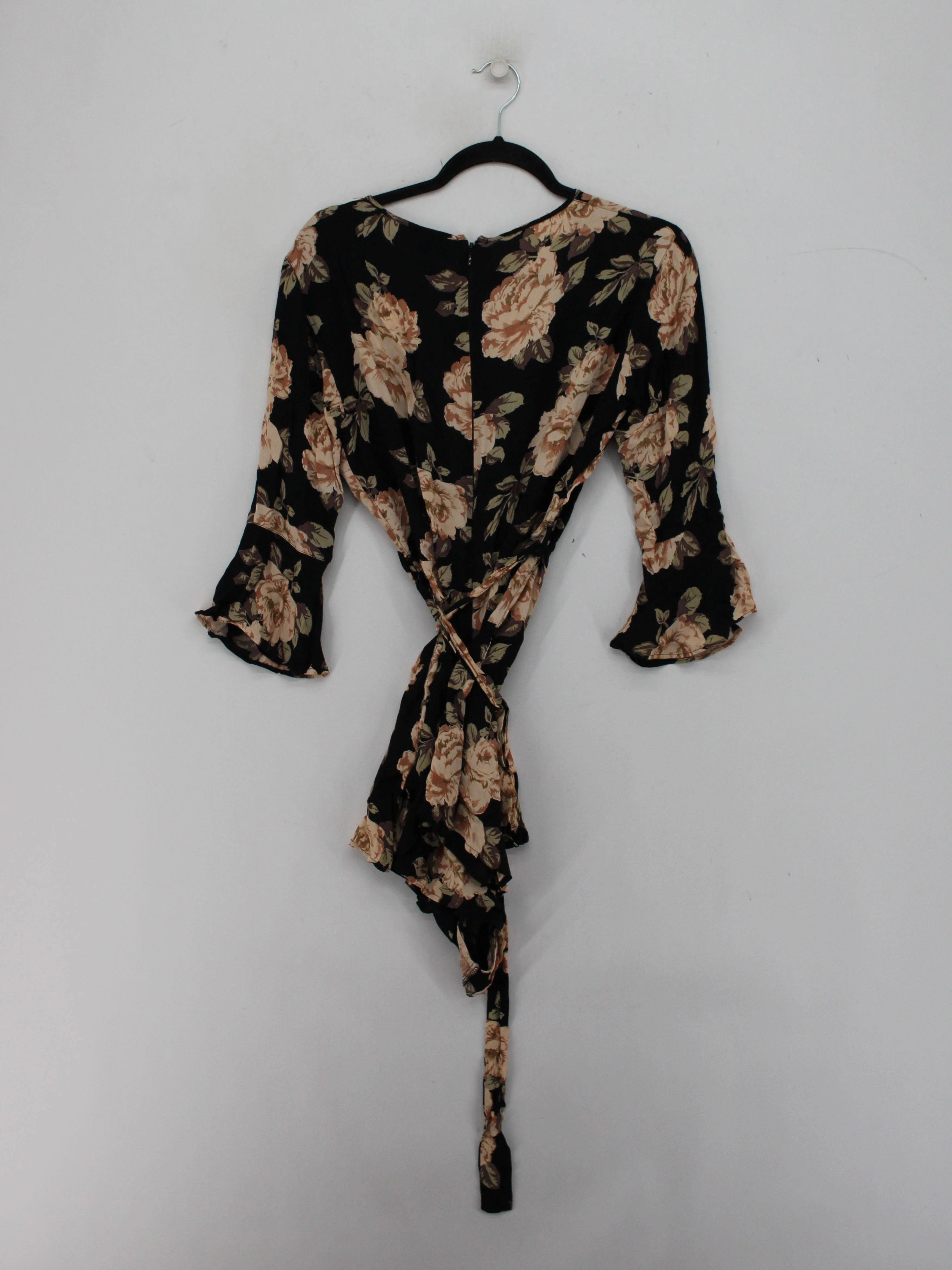 Topshop Women's Top S Black Floral 100% Viscose 3/4 Sleeve V-Neck Basic - Image 2