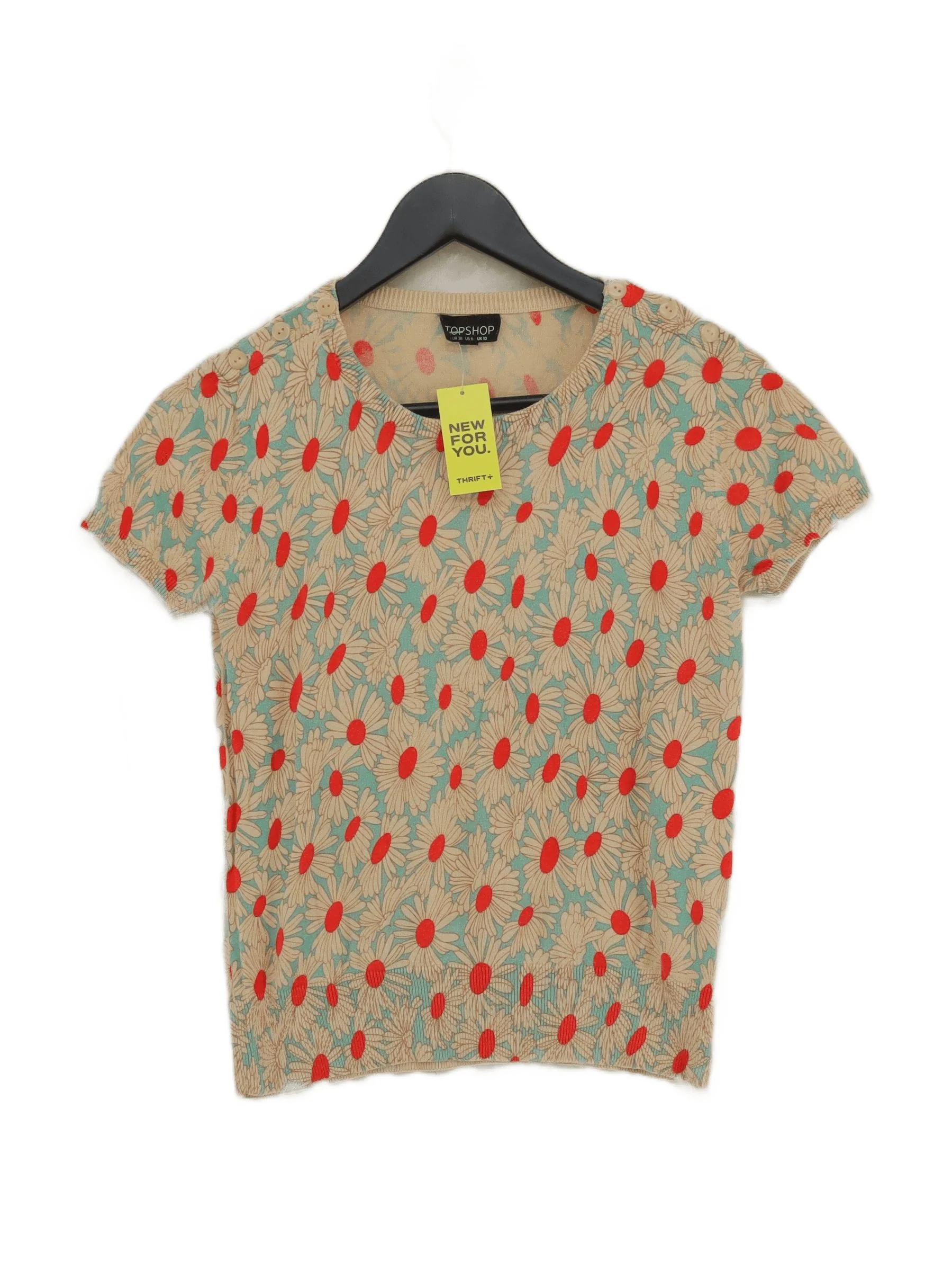 Topshop Women's Top S Cream Floral 100% Cotton Short Sleeve Round Neck Basic