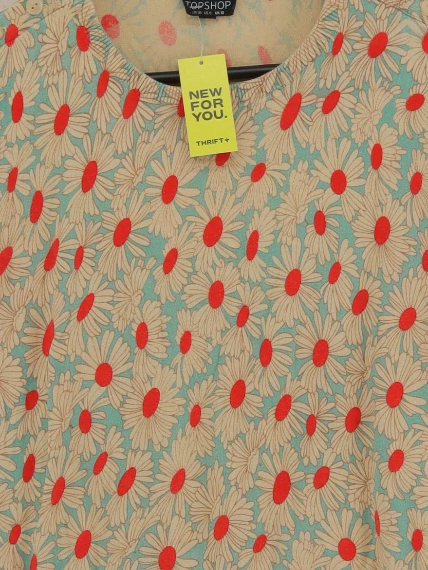Topshop Women's Top S Cream Floral 100% Cotton Short Sleeve Round Neck Basic - Image 3