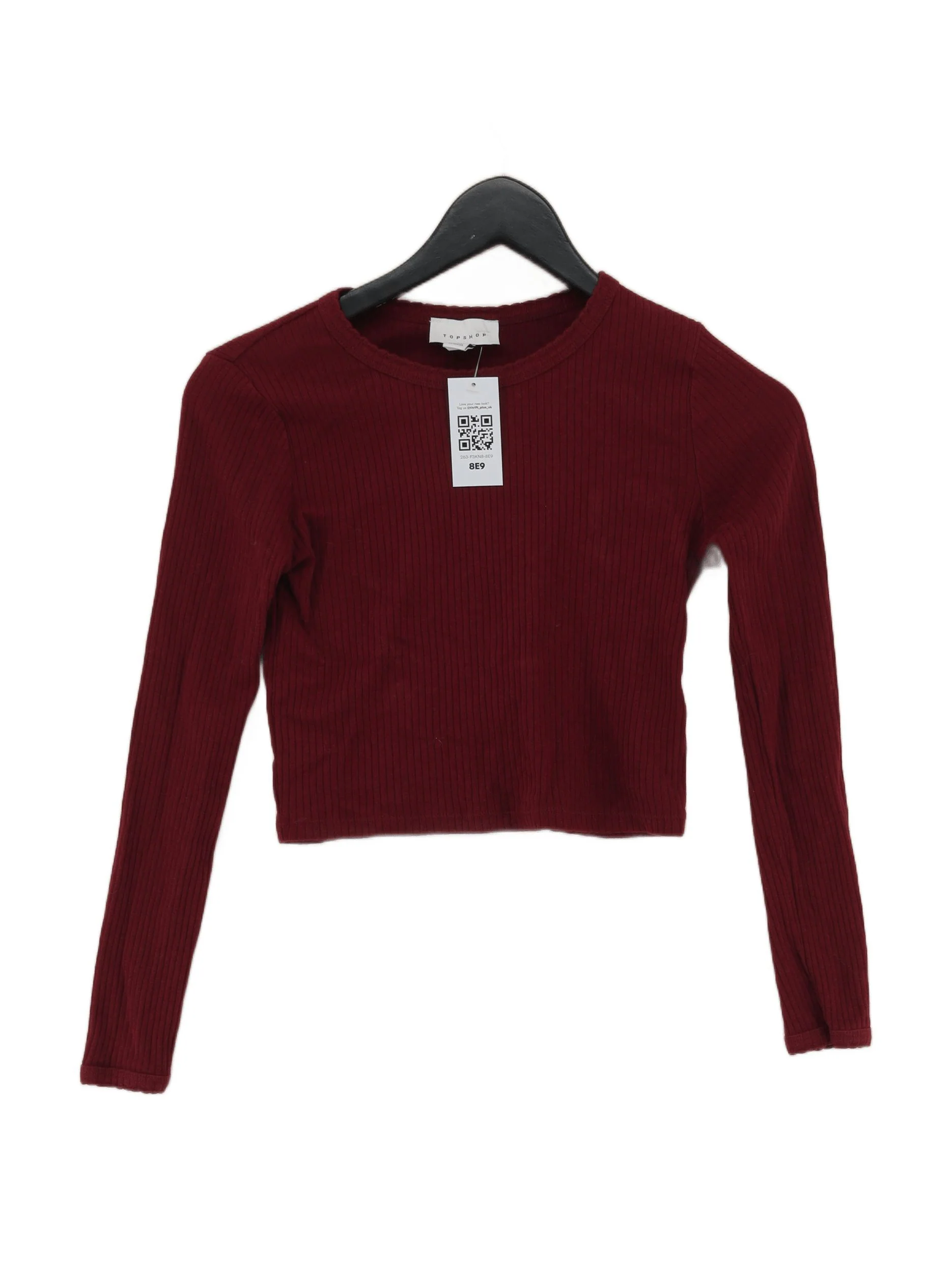 Topshop Women's Top S Red 100% Cotton Long Sleeve Round Neck Cropped