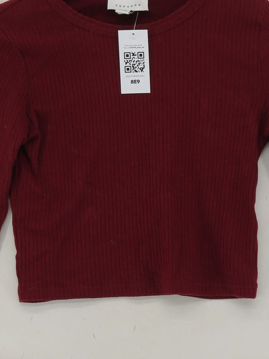 Topshop Women's Top S Red 100% Cotton Long Sleeve Round Neck Cropped - Image 3
