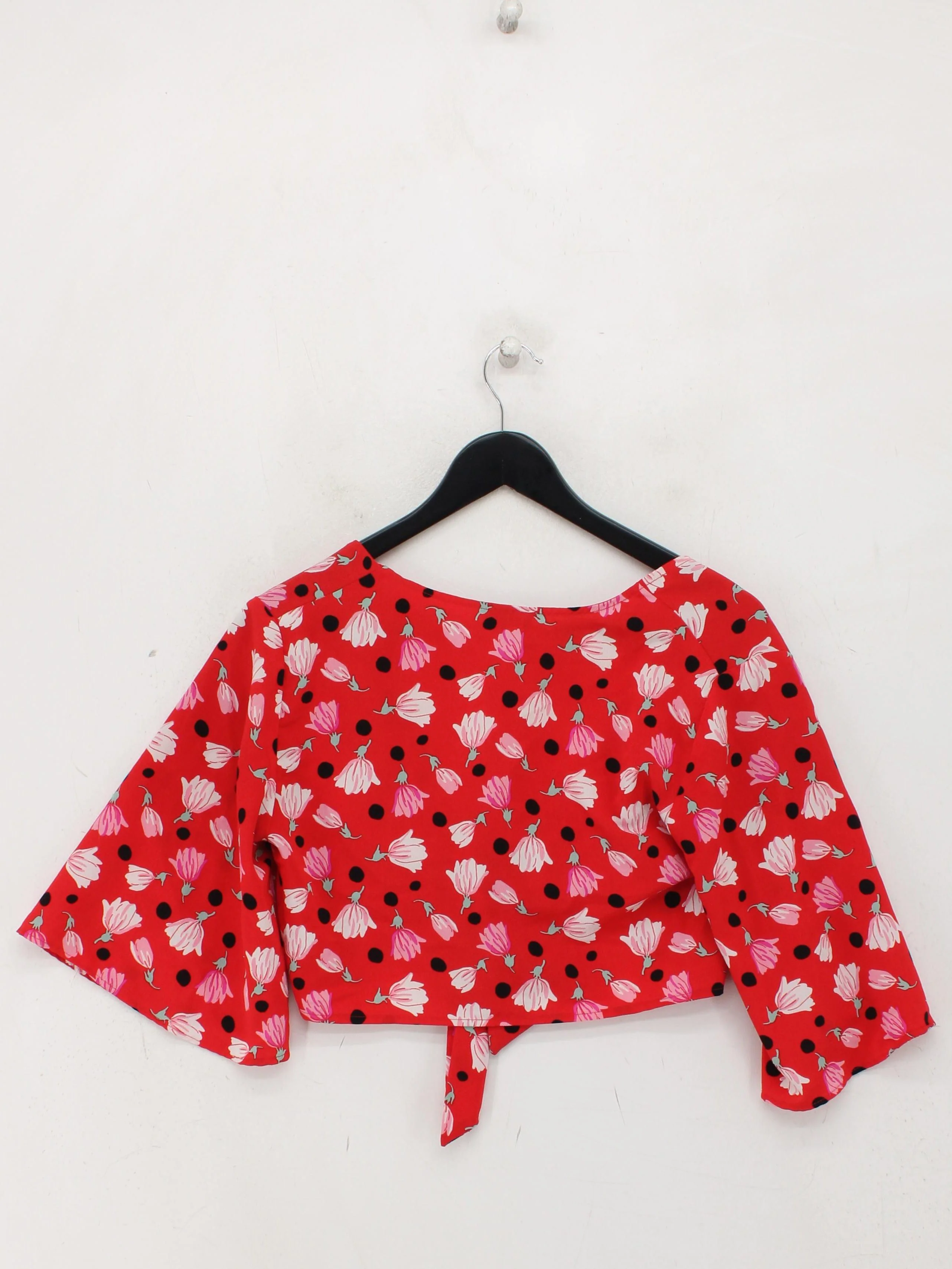 Topshop Women's Top S Red Floral 100% Polyester 3/4 Sleeve V-Neck Cropped - Image 2