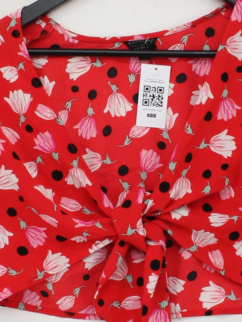 Topshop Women's Top S Red Floral 100% Polyester 3/4 Sleeve V-Neck Cropped - Image 3