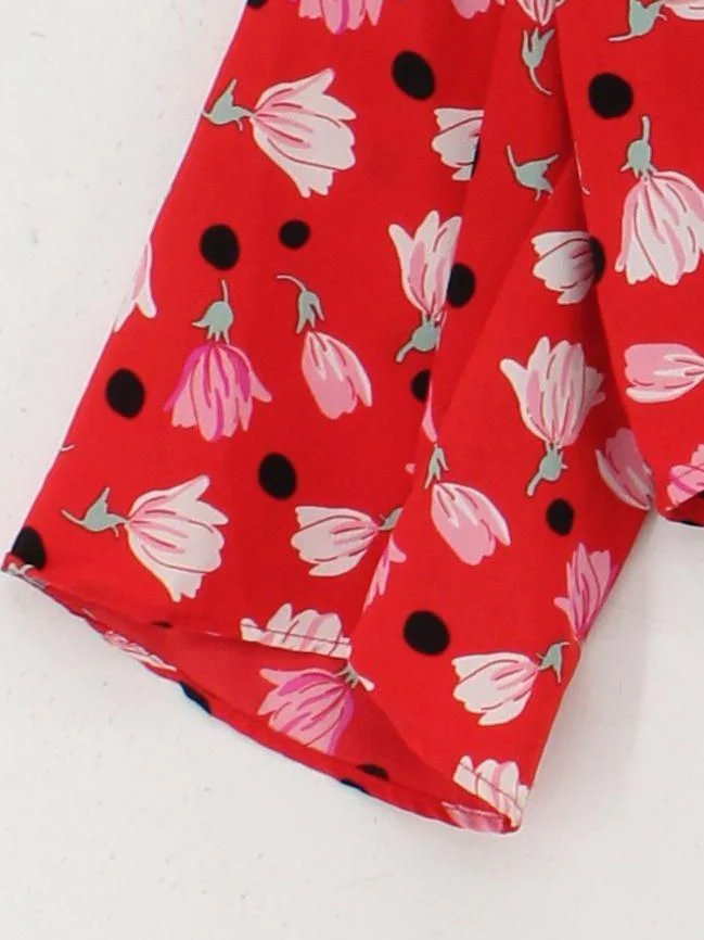 Topshop Women's Top S Red Floral 100% Polyester 3/4 Sleeve V-Neck Cropped - Image 4