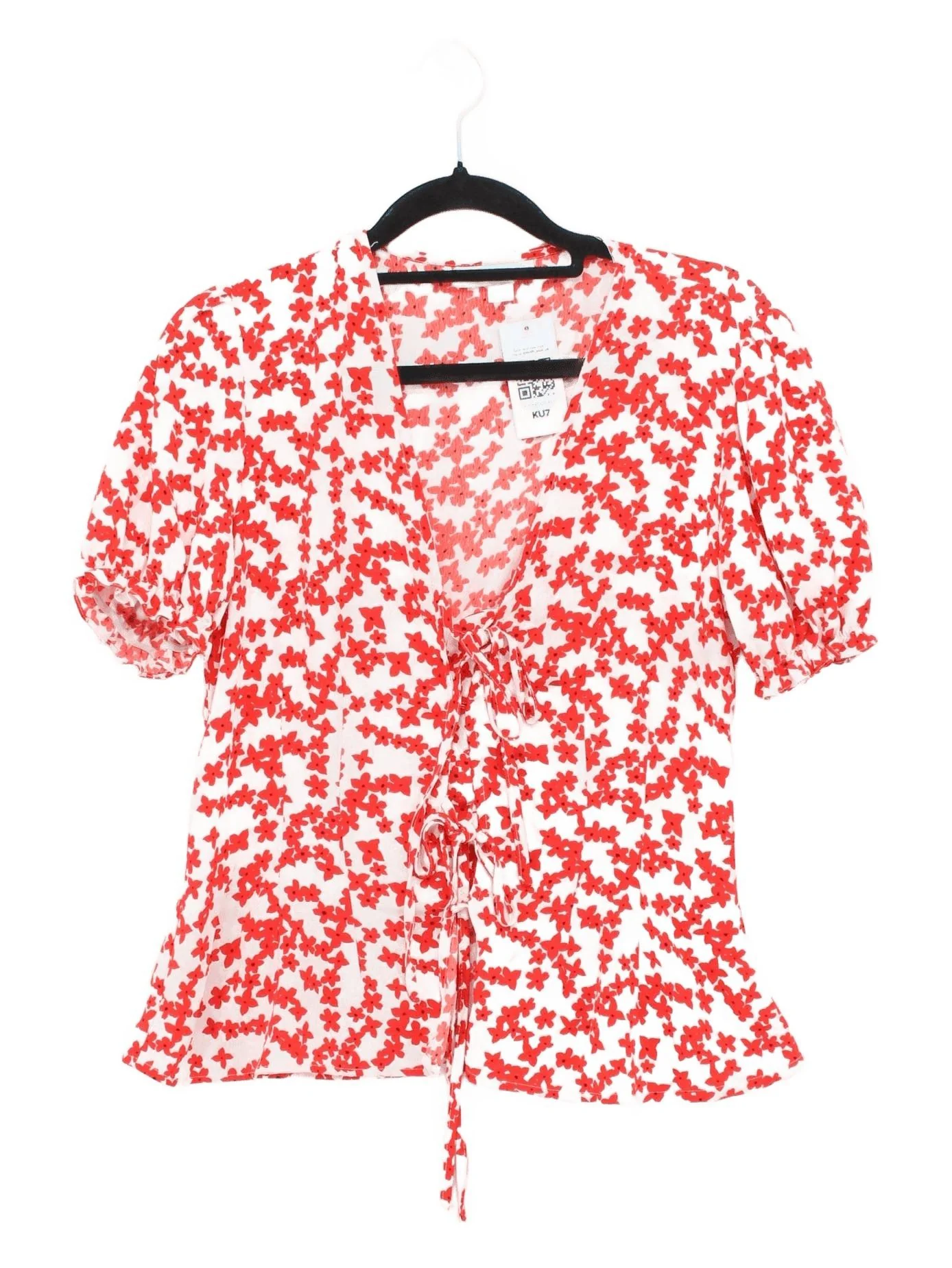 Topshop Women's Top S White Floral 100% Polyester Short Sleeve V-Neck Basic