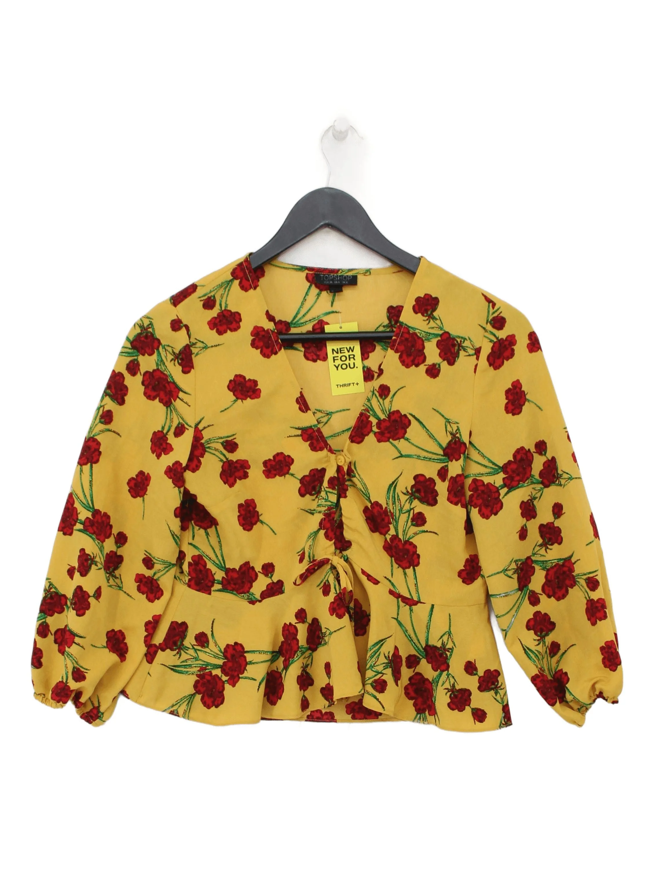 Topshop Women's Top S Yellow Floral 100% Polyester 3/4 Sleeve V-Neck Basic