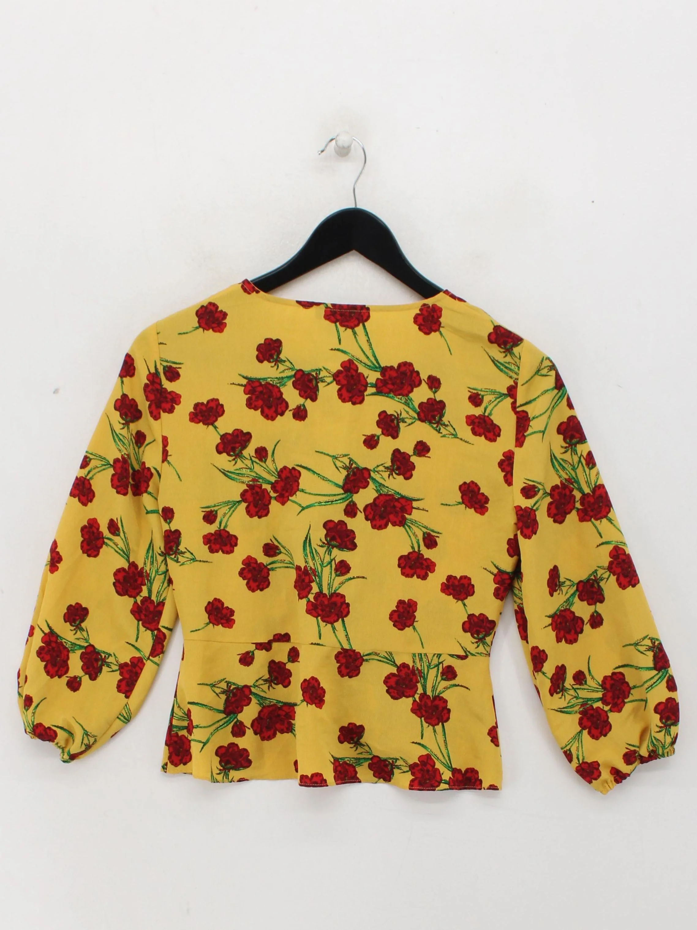Topshop Women's Top S Yellow Floral 100% Polyester 3/4 Sleeve V-Neck Basic - Image 2