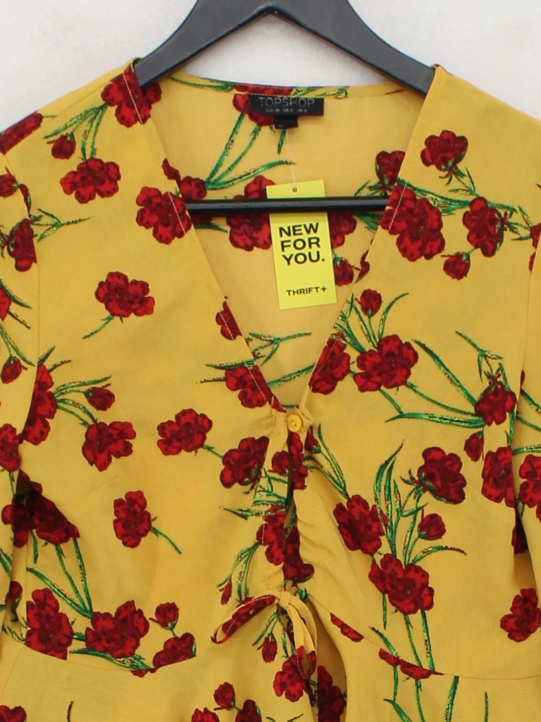 Topshop Women's Top S Yellow Floral 100% Polyester 3/4 Sleeve V-Neck Basic - Image 3