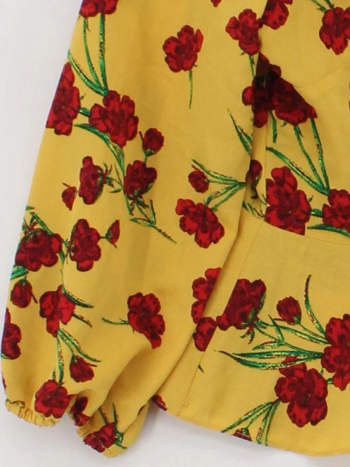 Topshop Women's Top S Yellow Floral 100% Polyester 3/4 Sleeve V-Neck Basic - Image 4