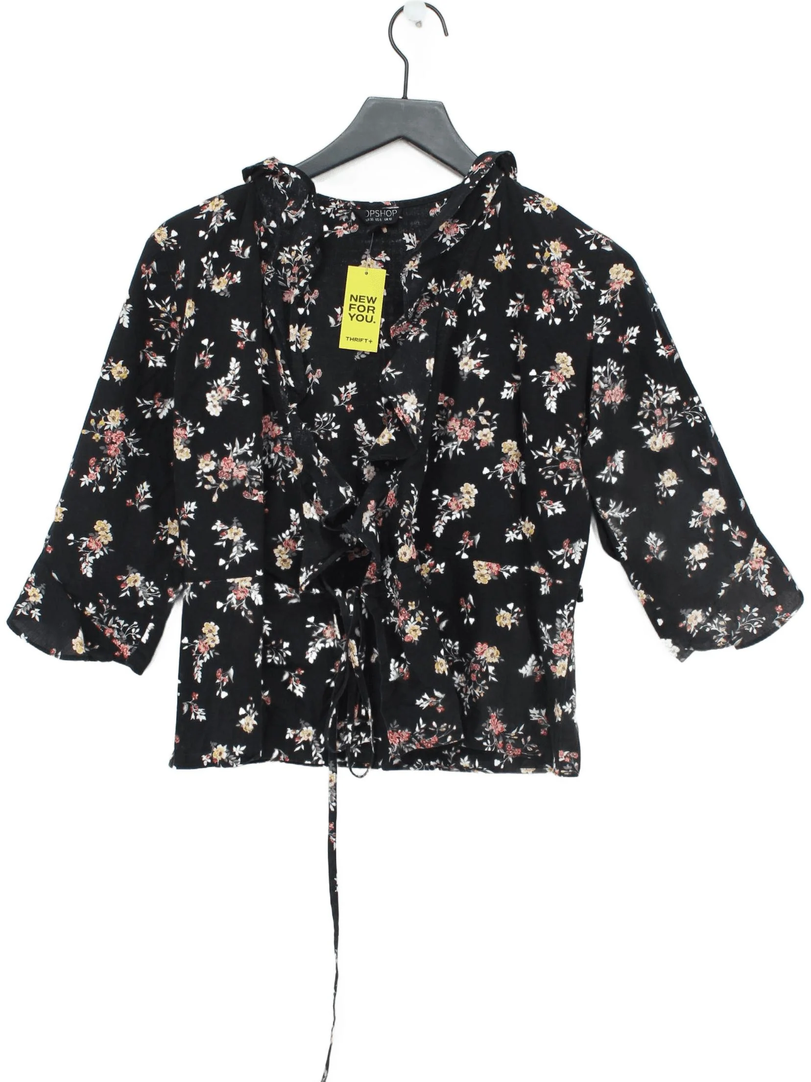 Topshop Women's Top UK 10 Black Floral 100% Cotton 3/4 Sleeve V-Neck Basic