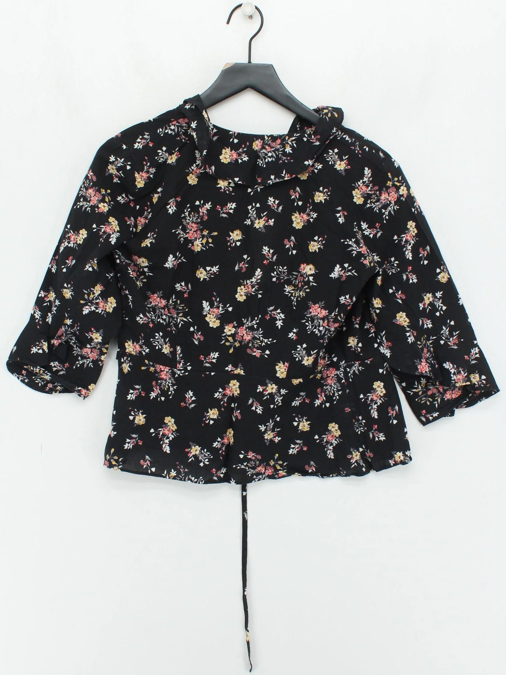 Topshop Women's Top UK 10 Black Floral 100% Cotton 3/4 Sleeve V-Neck Basic - Image 2