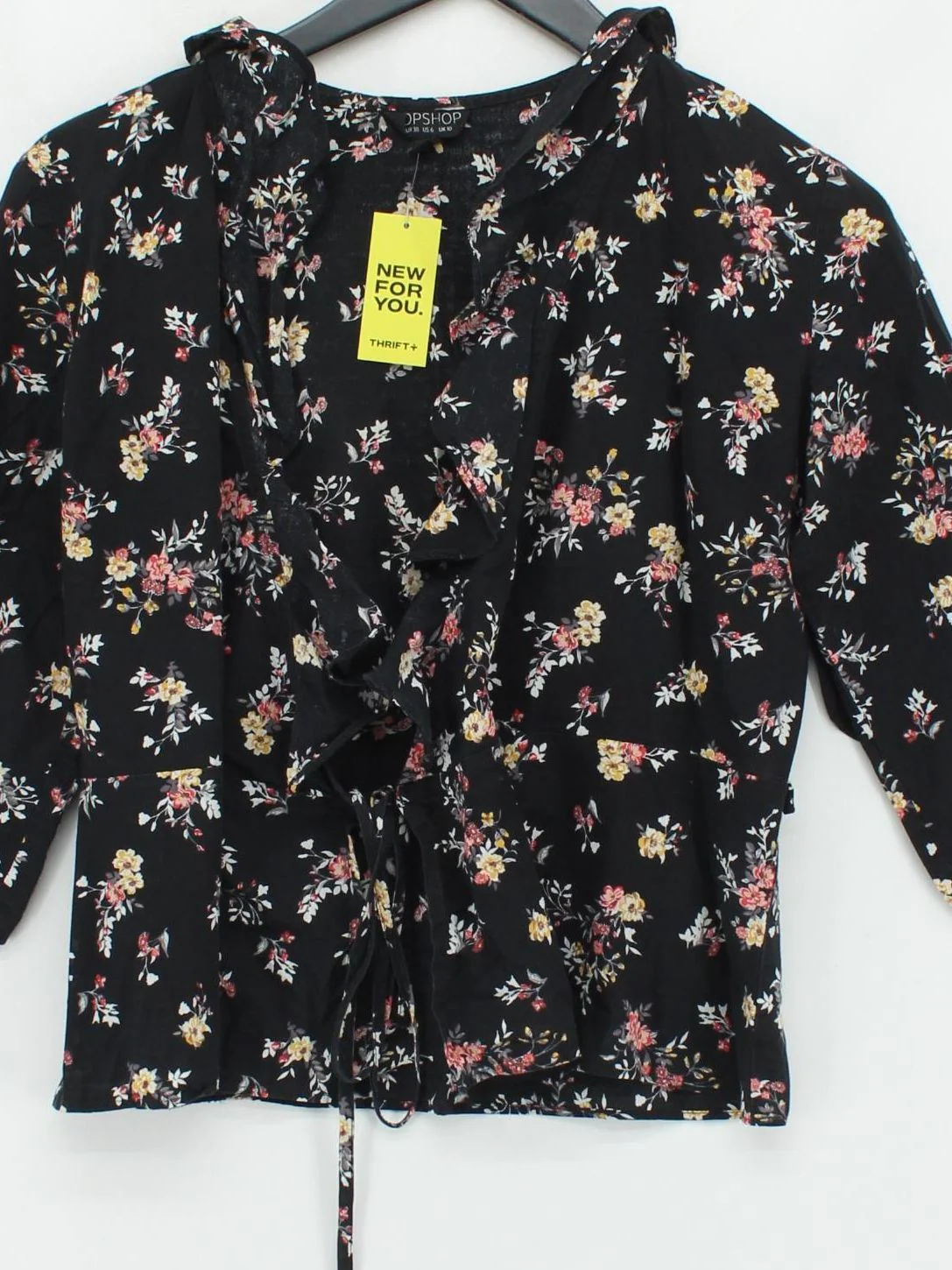 Topshop Women's Top UK 10 Black Floral 100% Cotton 3/4 Sleeve V-Neck Basic - Image 3