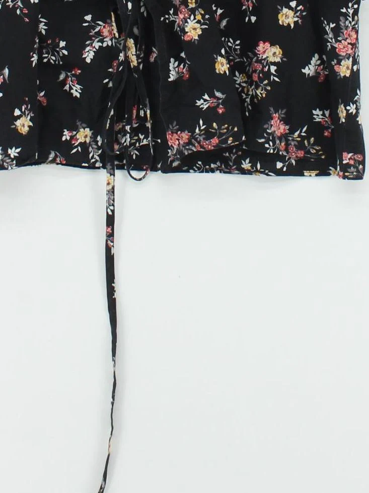 Topshop Women's Top UK 10 Black Floral 100% Cotton 3/4 Sleeve V-Neck Basic - Image 4