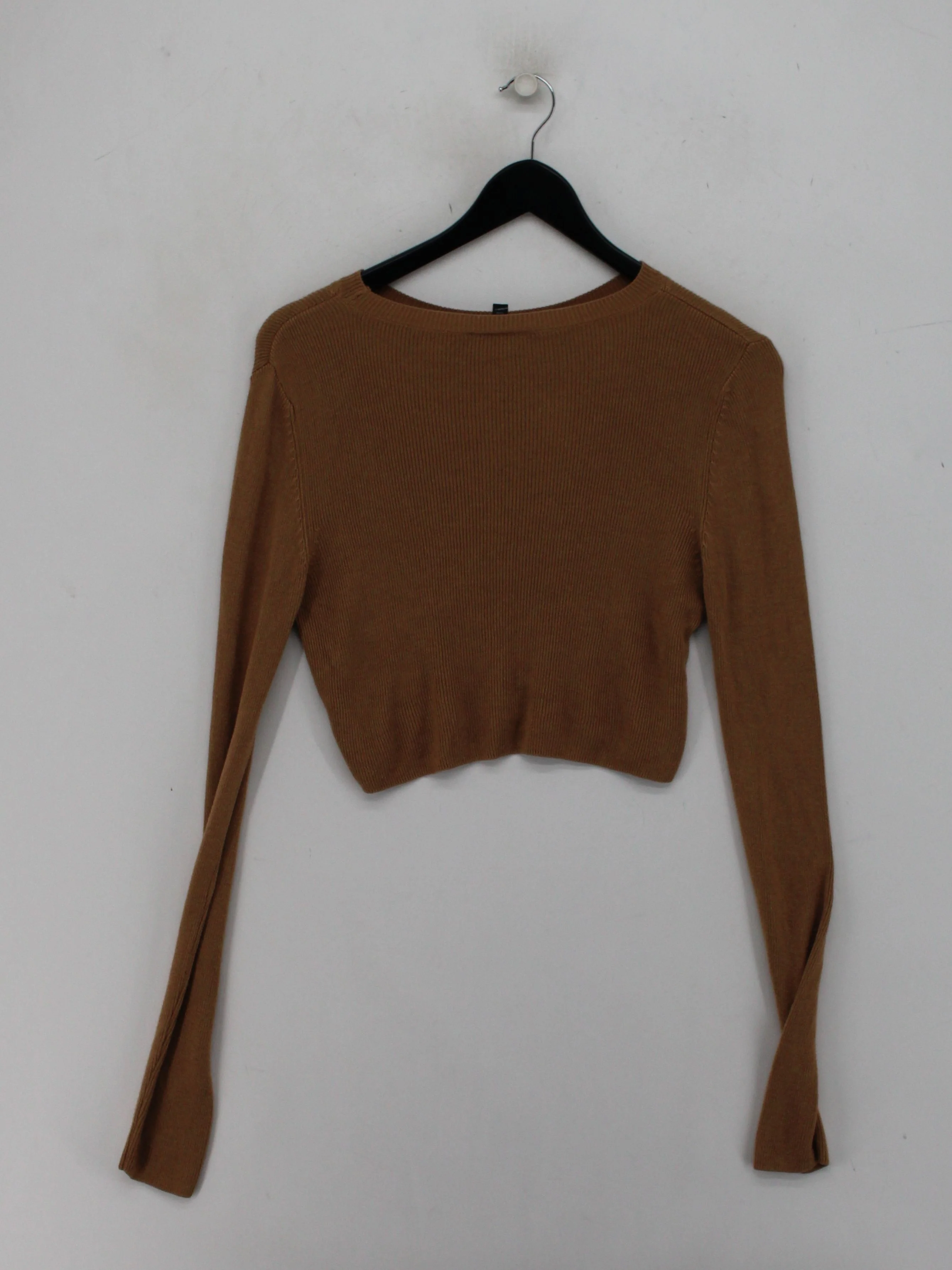 Topshop Women's Top UK 12 Brown Viscose with Wool Long Sleeve Round Neck Cropped - Image 2