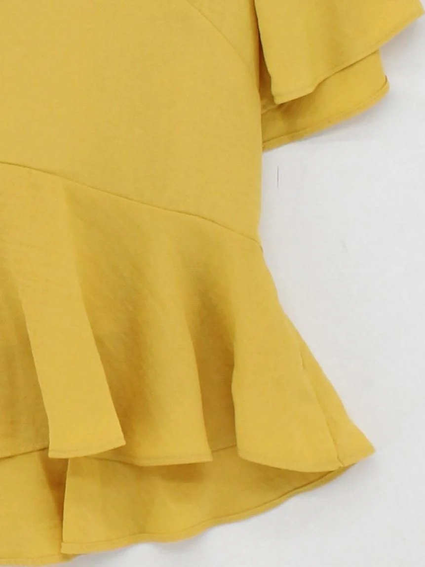 Topshop Women's Top UK 12 Yellow 100% Polyester Short Sleeve V-Neck Basic - Image 4