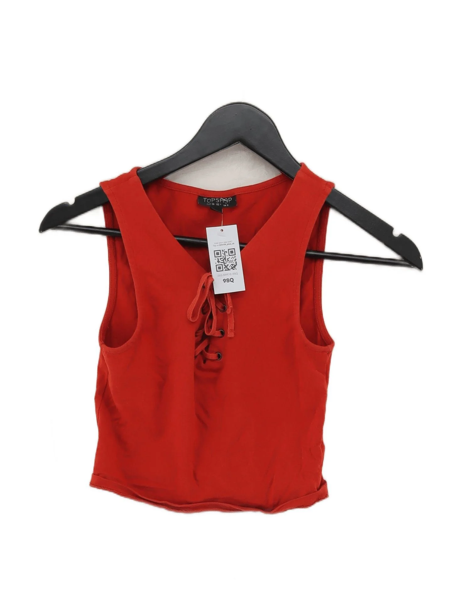 Topshop Women's Top UK 8 Red Cotton with Elastane Sleeveless V-Neck Cropped