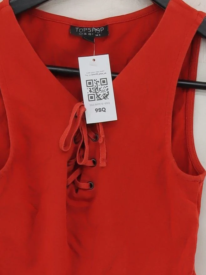 Topshop Women's Top UK 8 Red Cotton with Elastane Sleeveless V-Neck Cropped - Image 3
