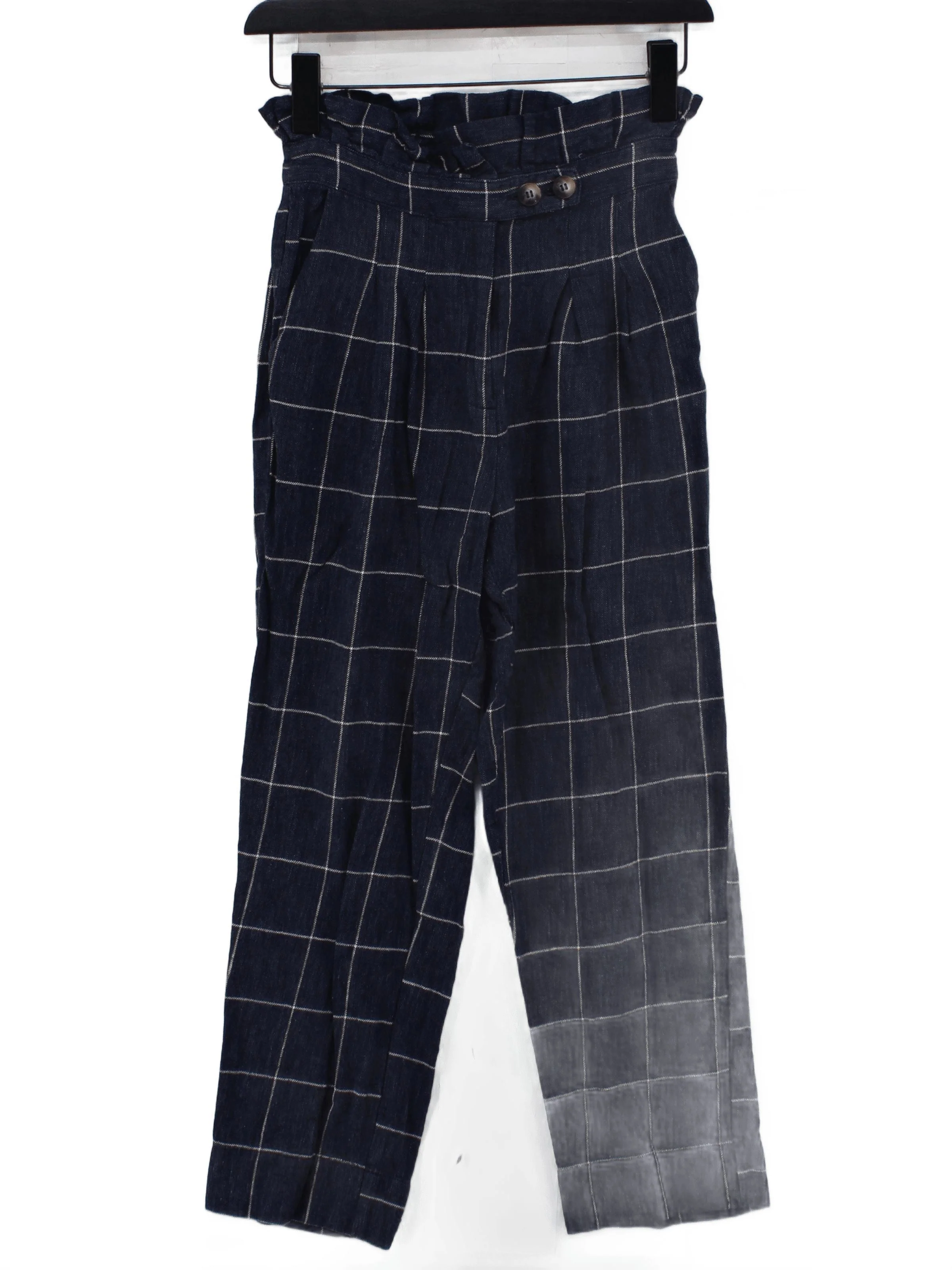 Topshop Women's Trousers UK 6 Blue Checkered Linen with Cotton Wide-Leg Capri