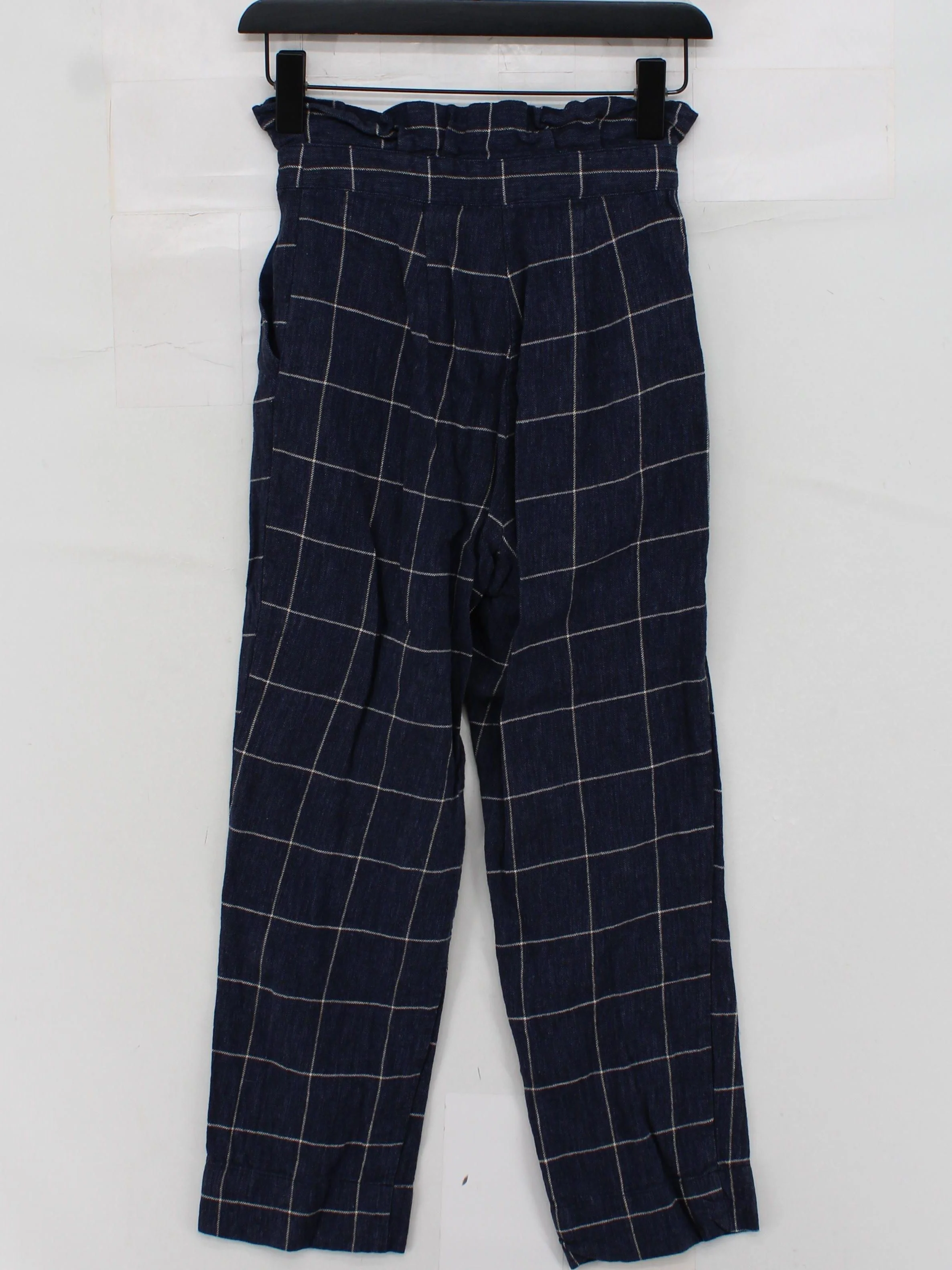 Topshop Women's Trousers UK 6 Blue Checkered Linen with Cotton Wide-Leg Capri - Image 2