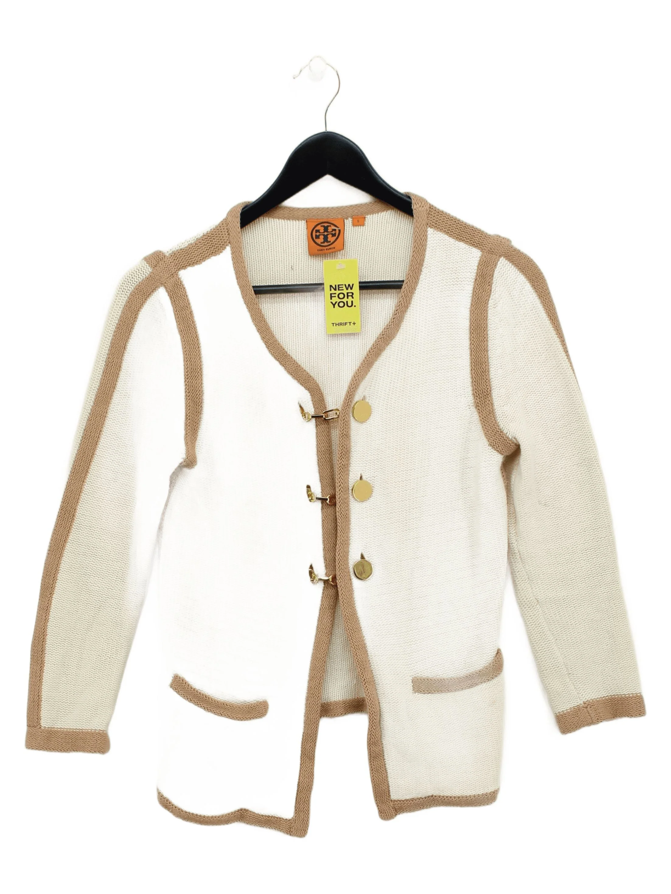 Tory Burch Women's Cardigan S Cream Cotton with Polyester V-Neck Cardigan