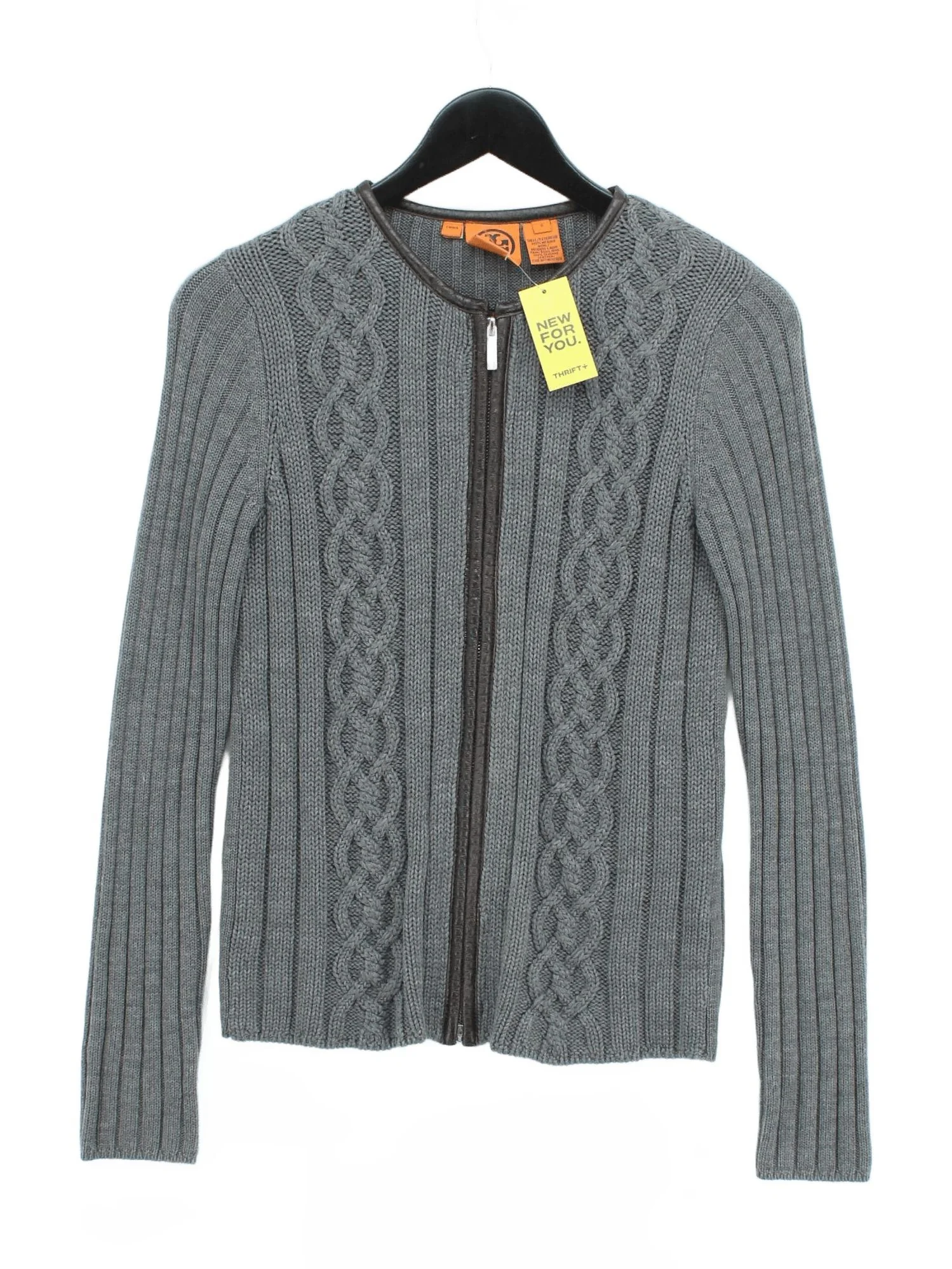 Tory Burch Women's Cardigan S Grey Wool with Leather Round Neck Cardigan