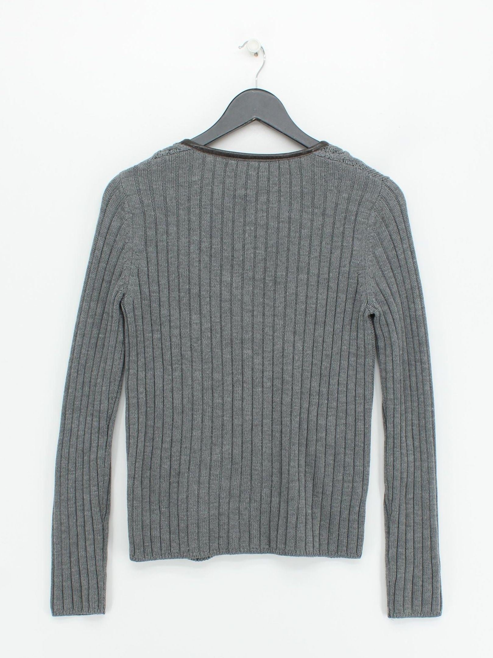 Tory Burch Women's Cardigan S Grey Wool with Leather Round Neck Cardigan - Image 2