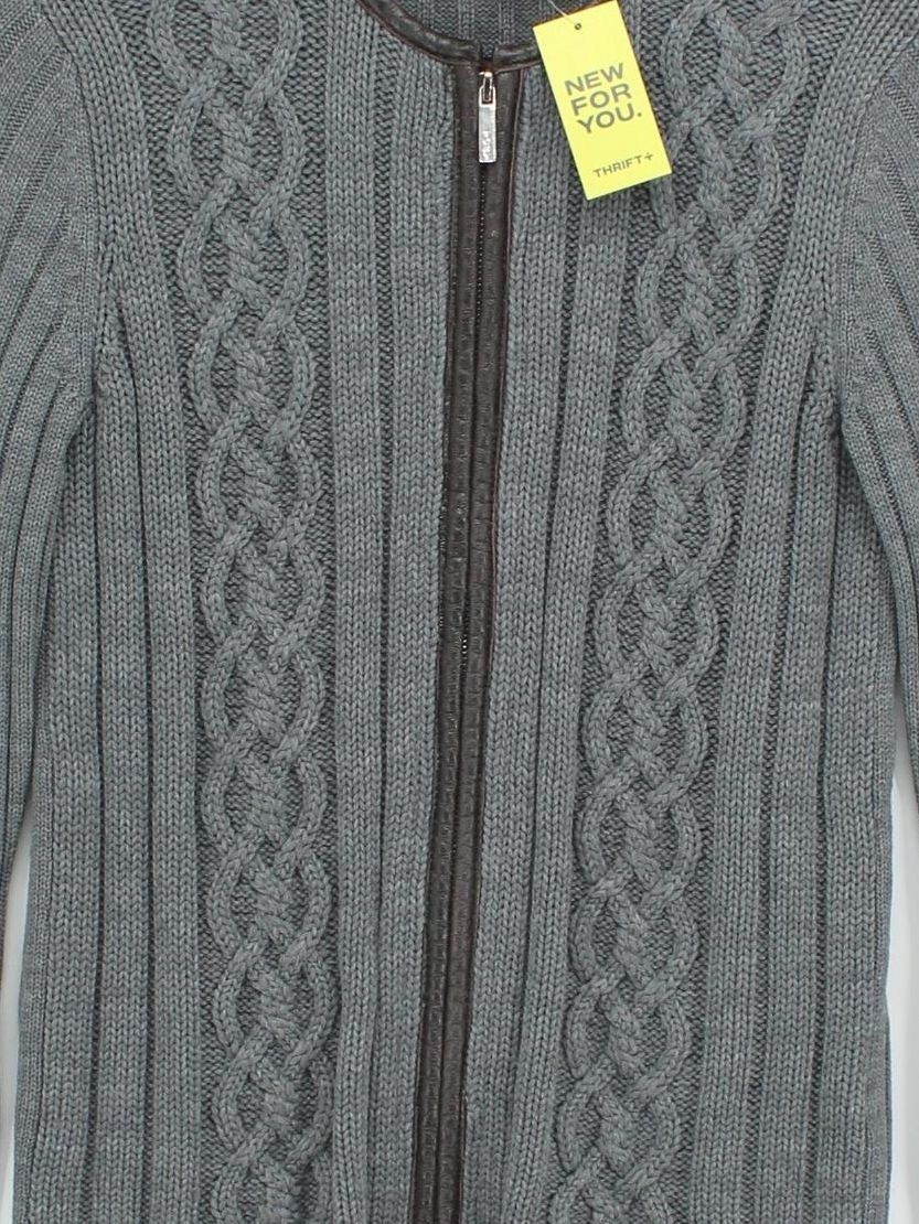 Tory Burch Women's Cardigan S Grey Wool with Leather Round Neck Cardigan - Image 3