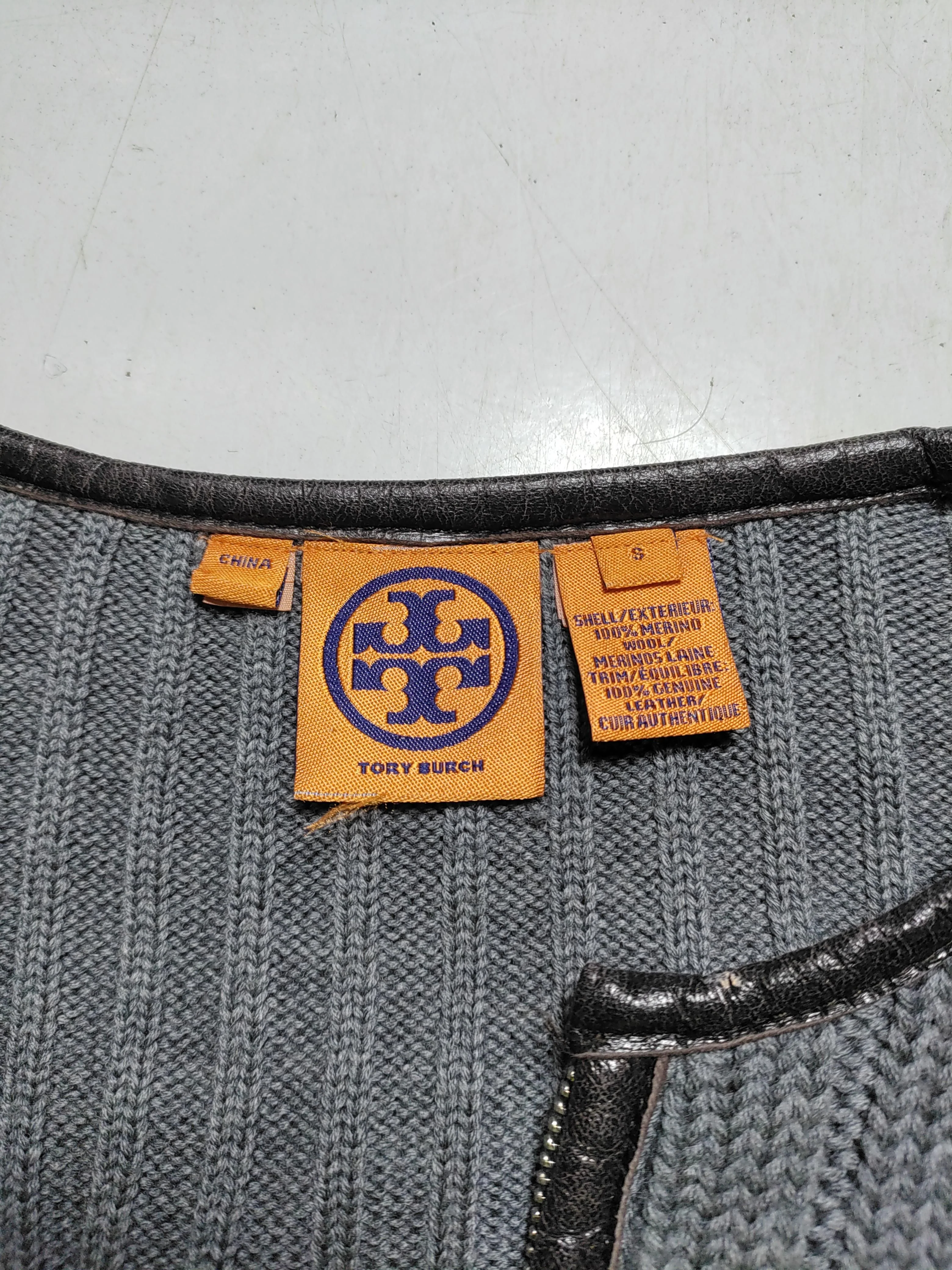 Tory Burch Women's Cardigan S Grey Wool with Leather Round Neck Cardigan - Image 5