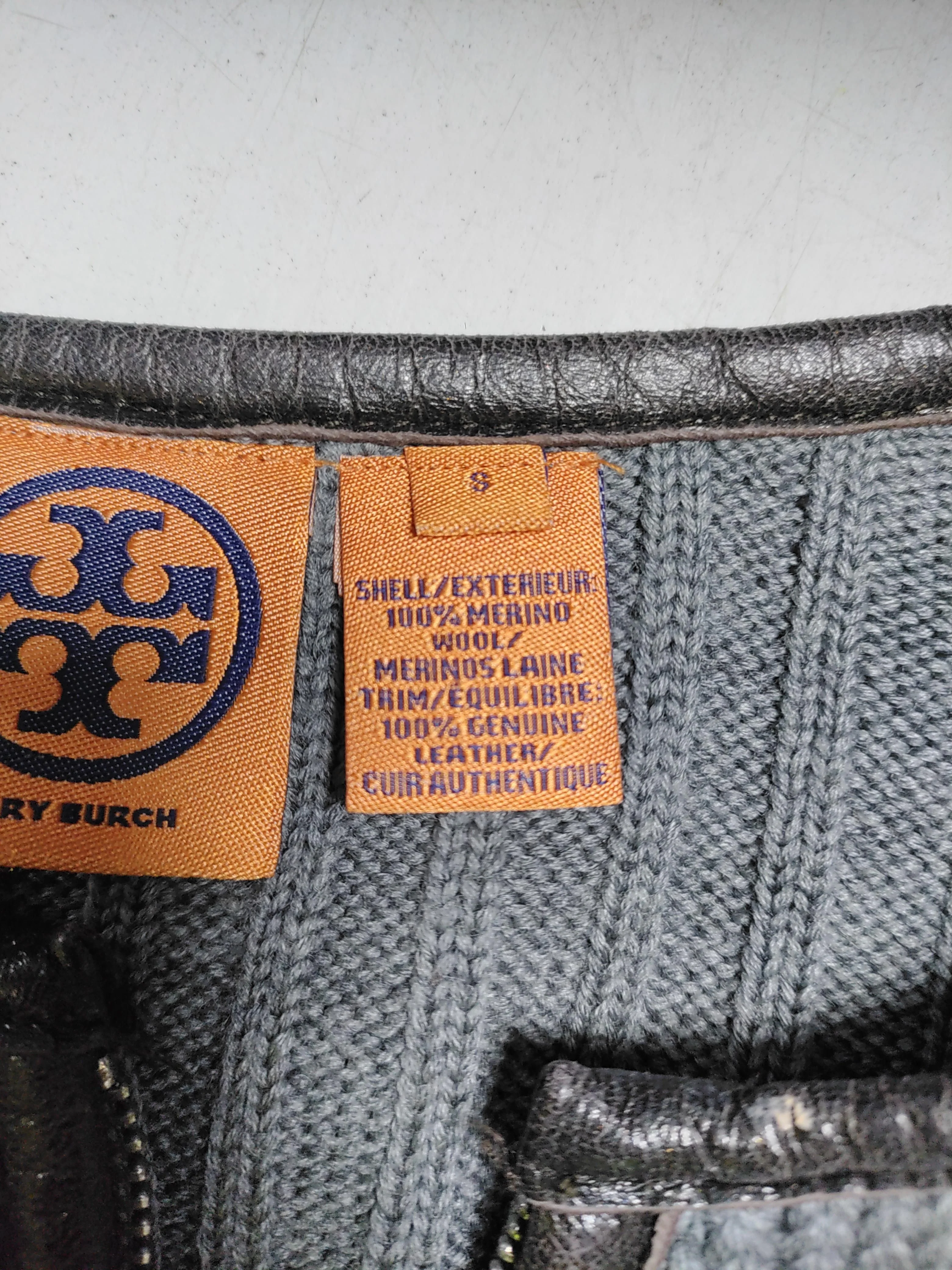 Tory Burch Women's Cardigan S Grey Wool with Leather Round Neck Cardigan - Image 6