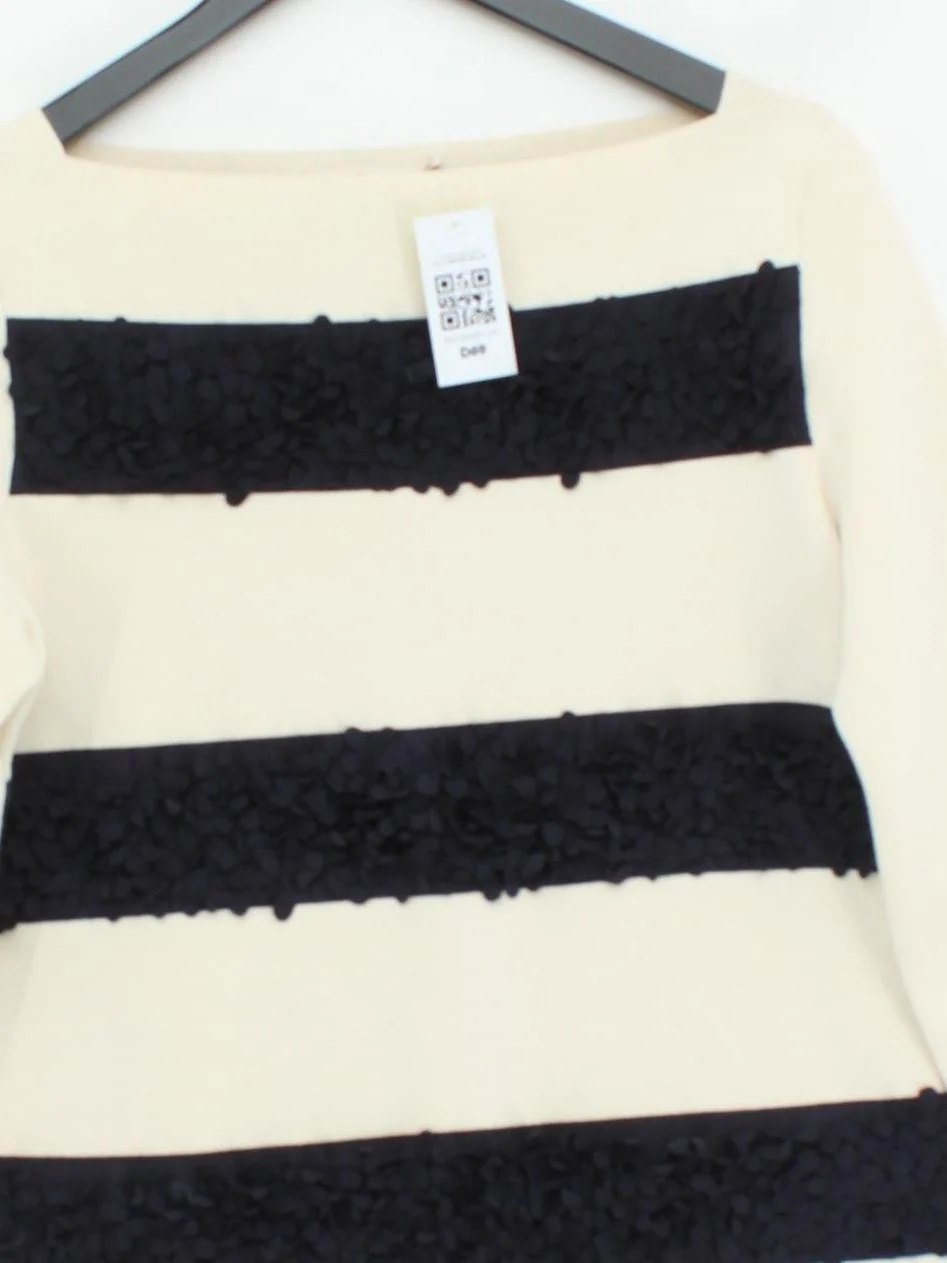 Tory Burch Women's Jumper S Cream Striped Cotton with Silk Round Neck Pullover - Image 3