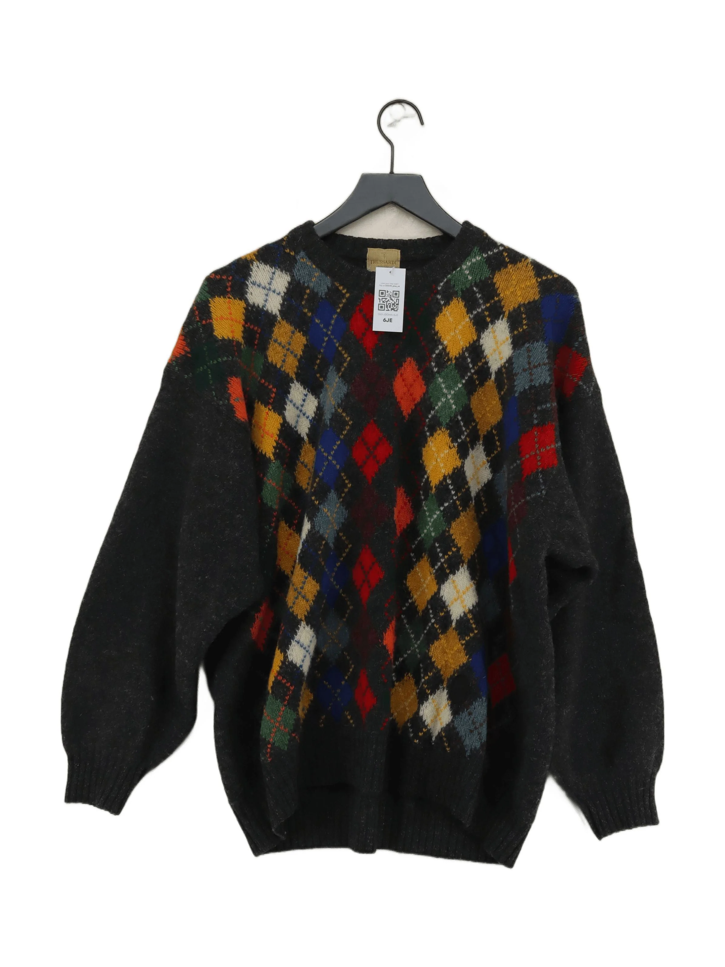Trussardi Men's Jumper L Multi Argyle 100% Wool Round Neck Pullover